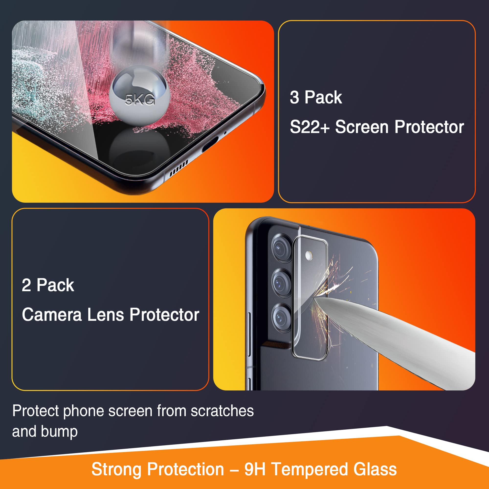 FANGTIAN GUARD [3+2 Pack] Tempered Glass Screen Protector + Camera Lens Protectors for Samsung Galaxy S22 Plus/S22+ 5G - Clear, Easy Install