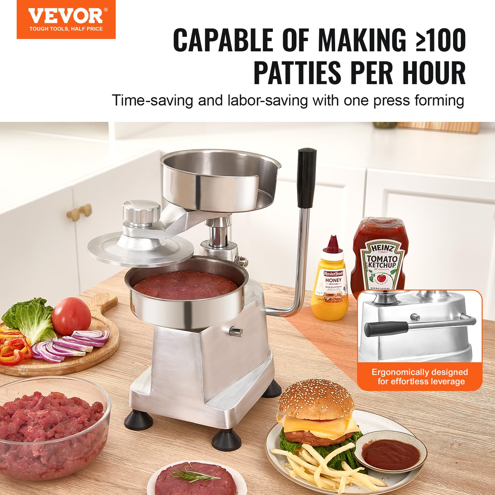 Vevor Commercial Burger Patty Maker, Hamburger Beef Patty Maker With 3 Convertible Mold(4/5/6 Inch), Heavy Duty Stainless Steel