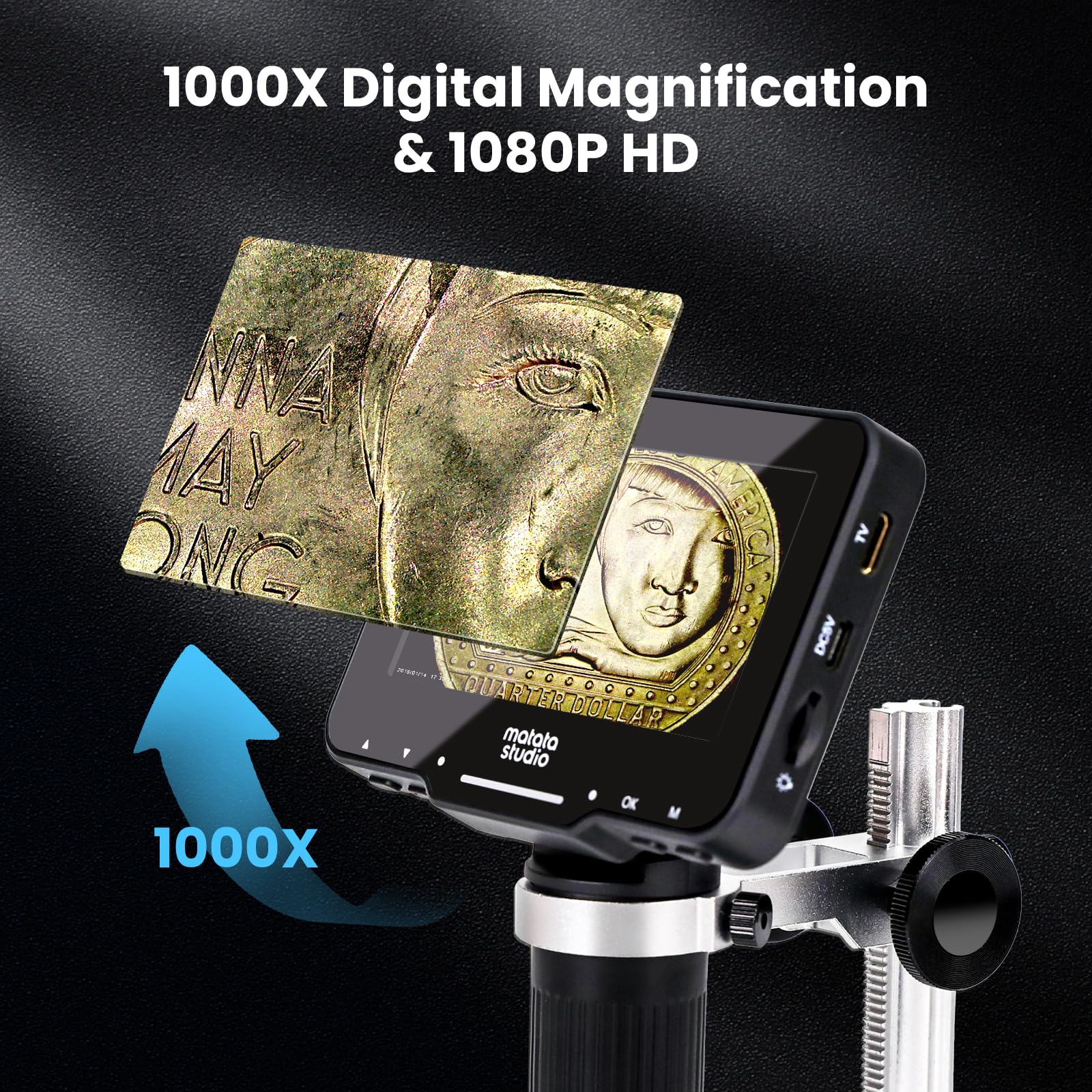 Matatastudio M2B 1000X Digital Microscope With 4.3'' Lcd Screen, 1080P Coin Magnifier, 8 Led Lights, Support Photo&Video, Adjust