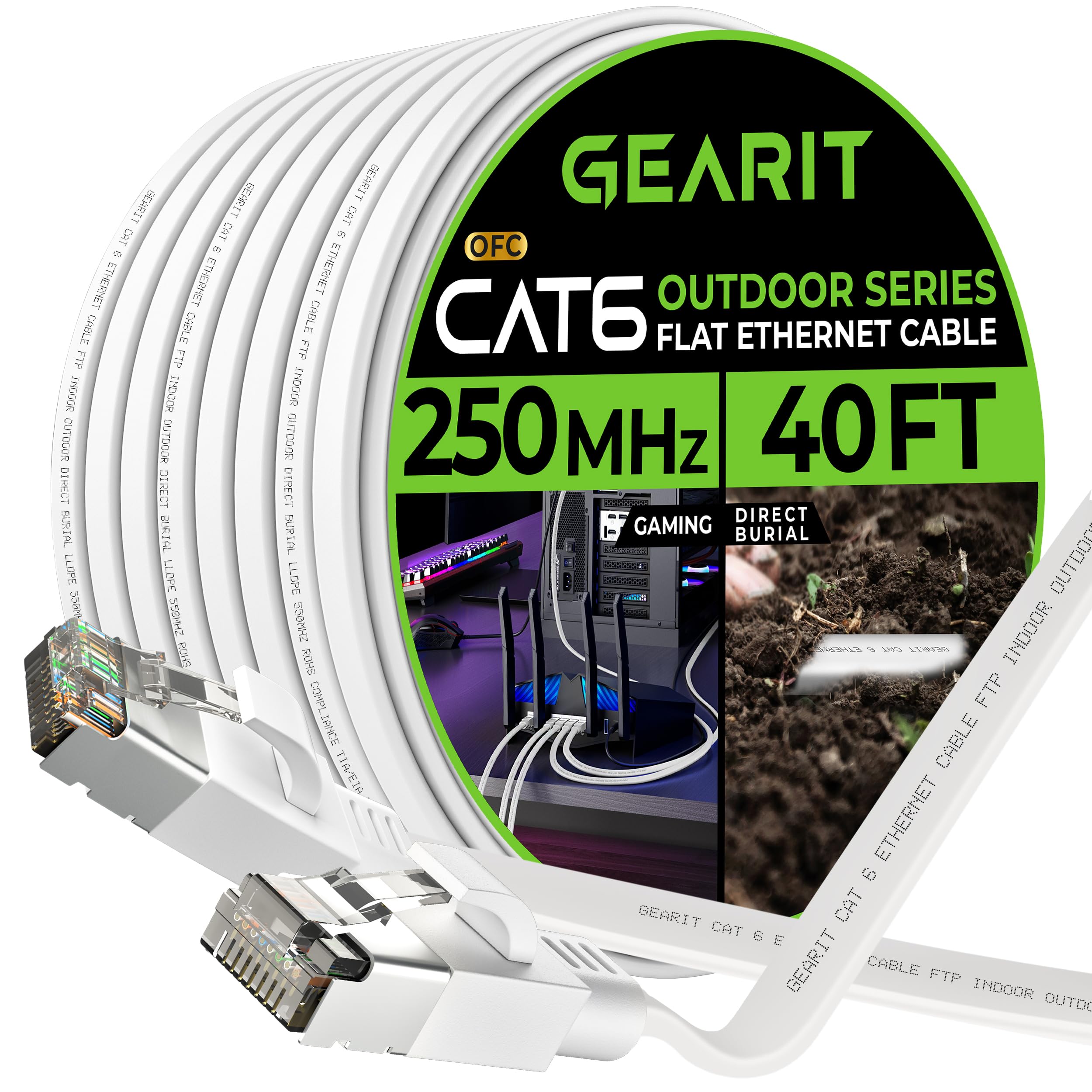 Gearit Cat 6 Outdoor Flat Ethernet Cable (40Ft, White) Direct Burial Rated Lldpe Jacket   Indoor Cat6 Shielded Ftp 10Gbps High S