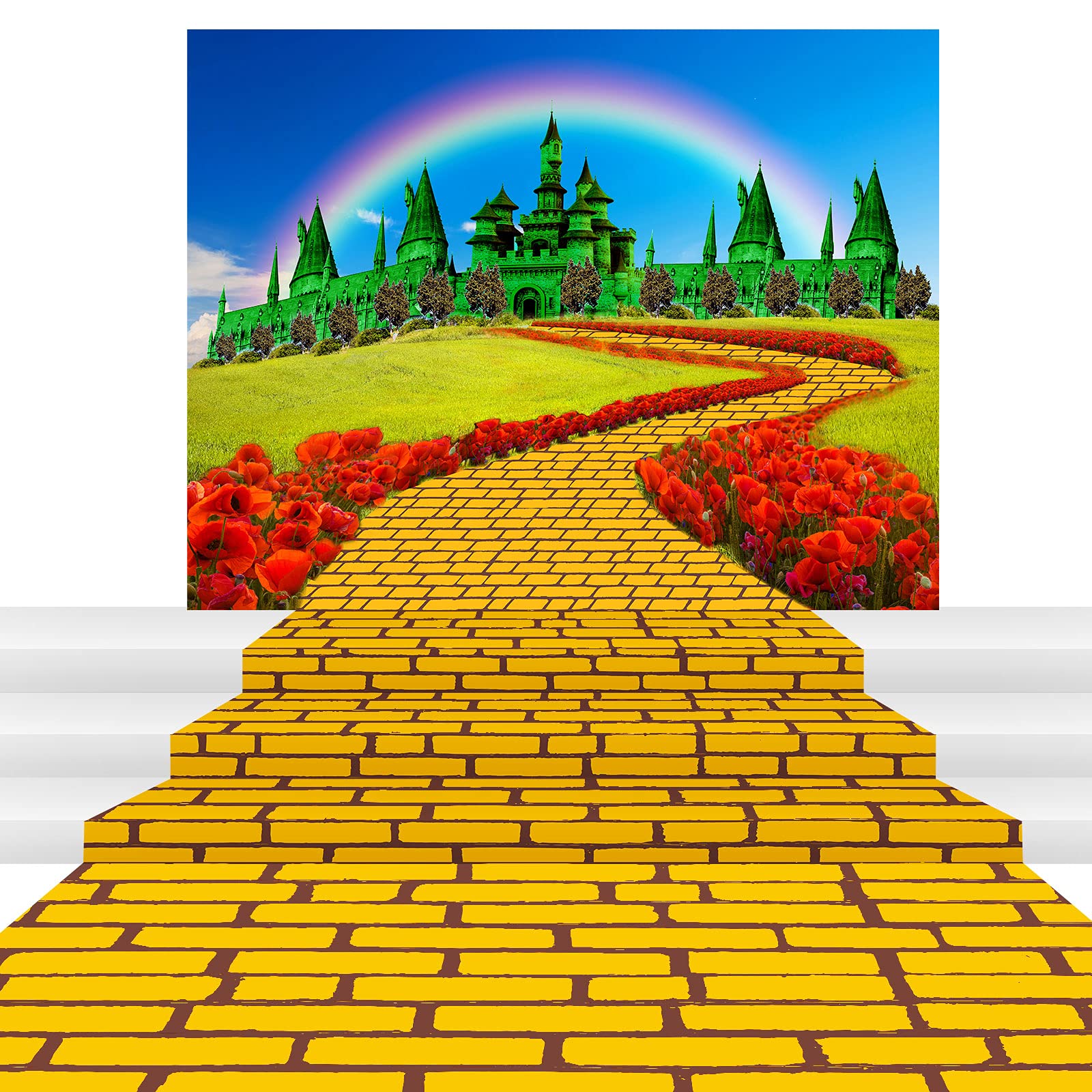 Outus 2 Pcs Large Runner Brick Road Runner and Emerald Castle Backdrop Halloween Party Decorations Brick Road Backdrop Floral Ra