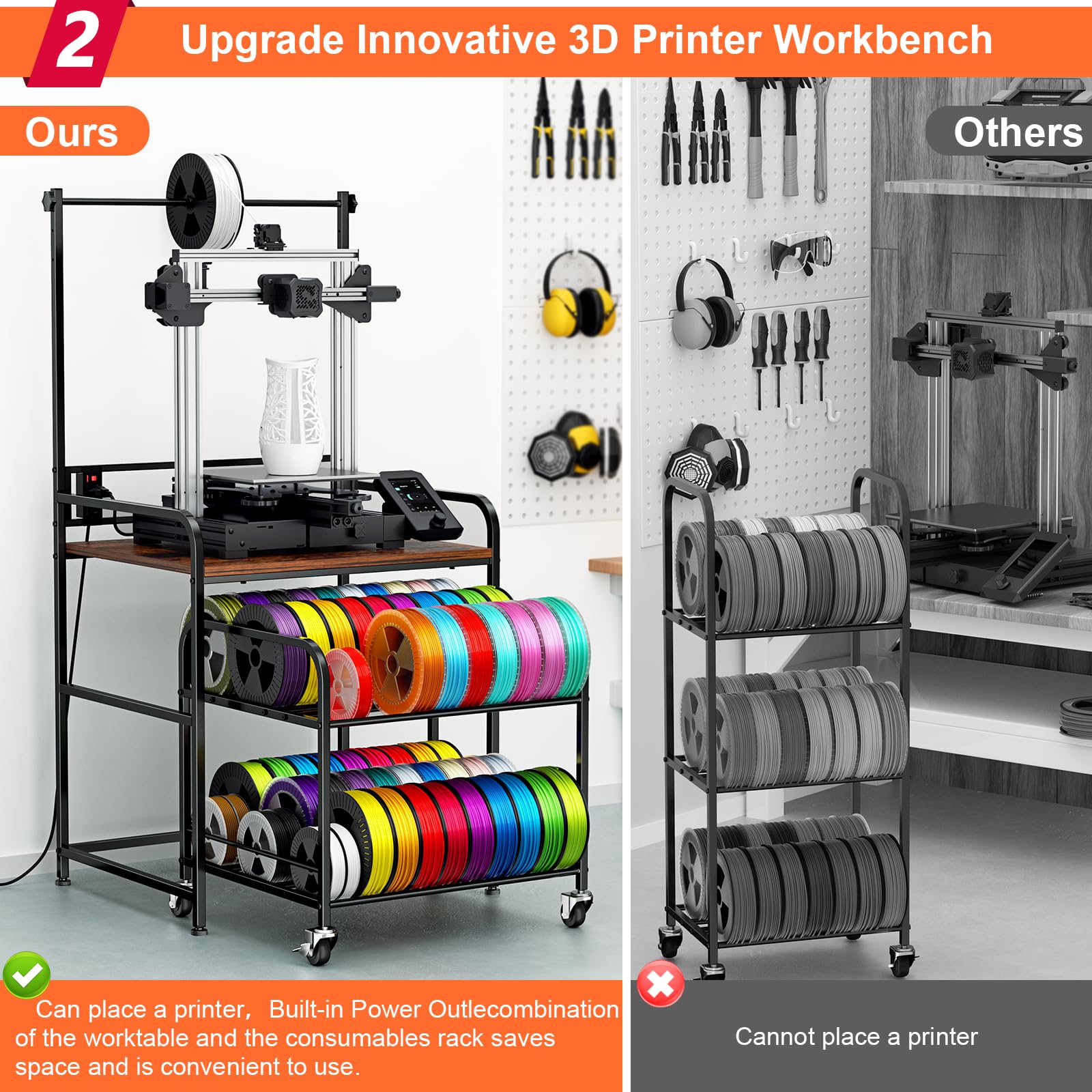 3D Printer Stand With Filament Storage, Heavy Duty 3D Printer Table, Spool Holder Cart With Locking Wheels, Adjustable Height Fi