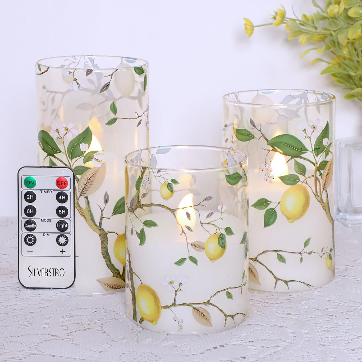 Silverstro Flameless Led Candles With Remote Lemon Decal Glass Flickering Battery Operated Candles For Home Room Party Easter We