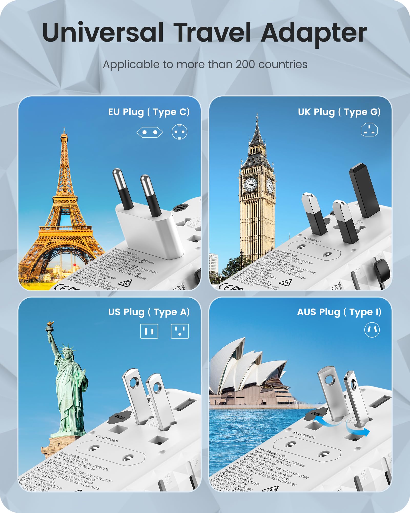 Lencent 140W International Travel Adapter, Gan Universal Travel Adapter With 1 Usb A & 3 Type C Power Adapter, Fast Charger For