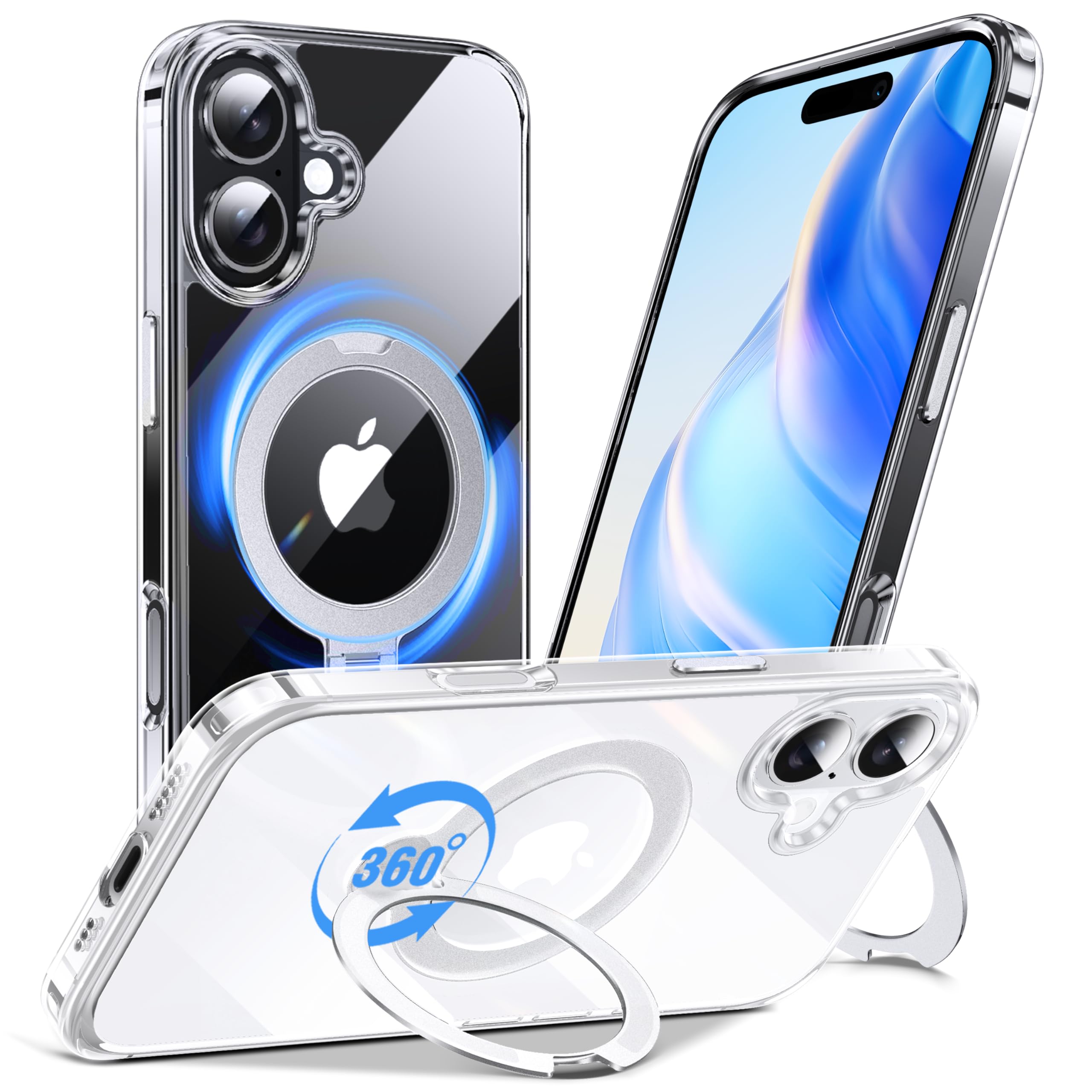 Anqrp 360 All-in-ONE Crystal Clear Case for iPhone 16 with Rotatable Magnetic Stand, Compatible with MagSafe, Anti-Yellowing Tra