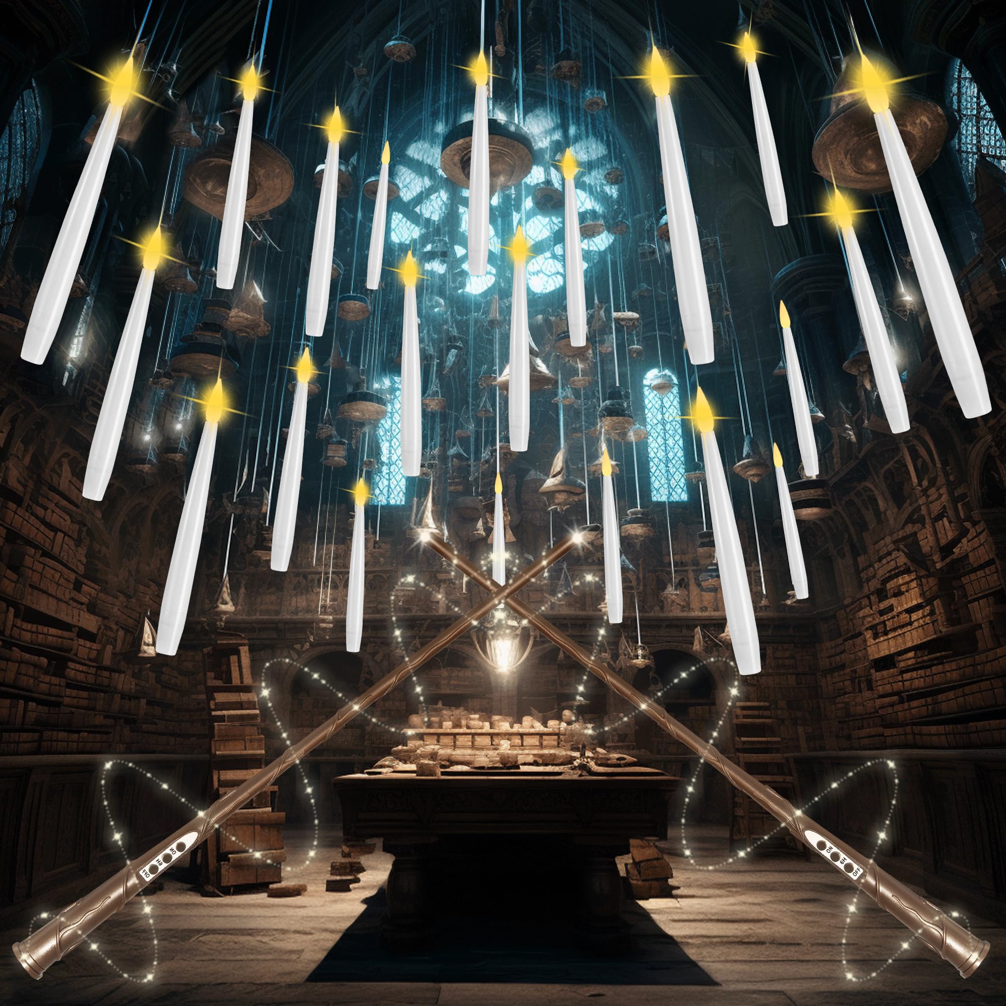 Lusharbor Floating Candles With Wand, 10 Pack Halloween Flameless Candles Battery Operated Led Taper Hanging Candles Electric Ca