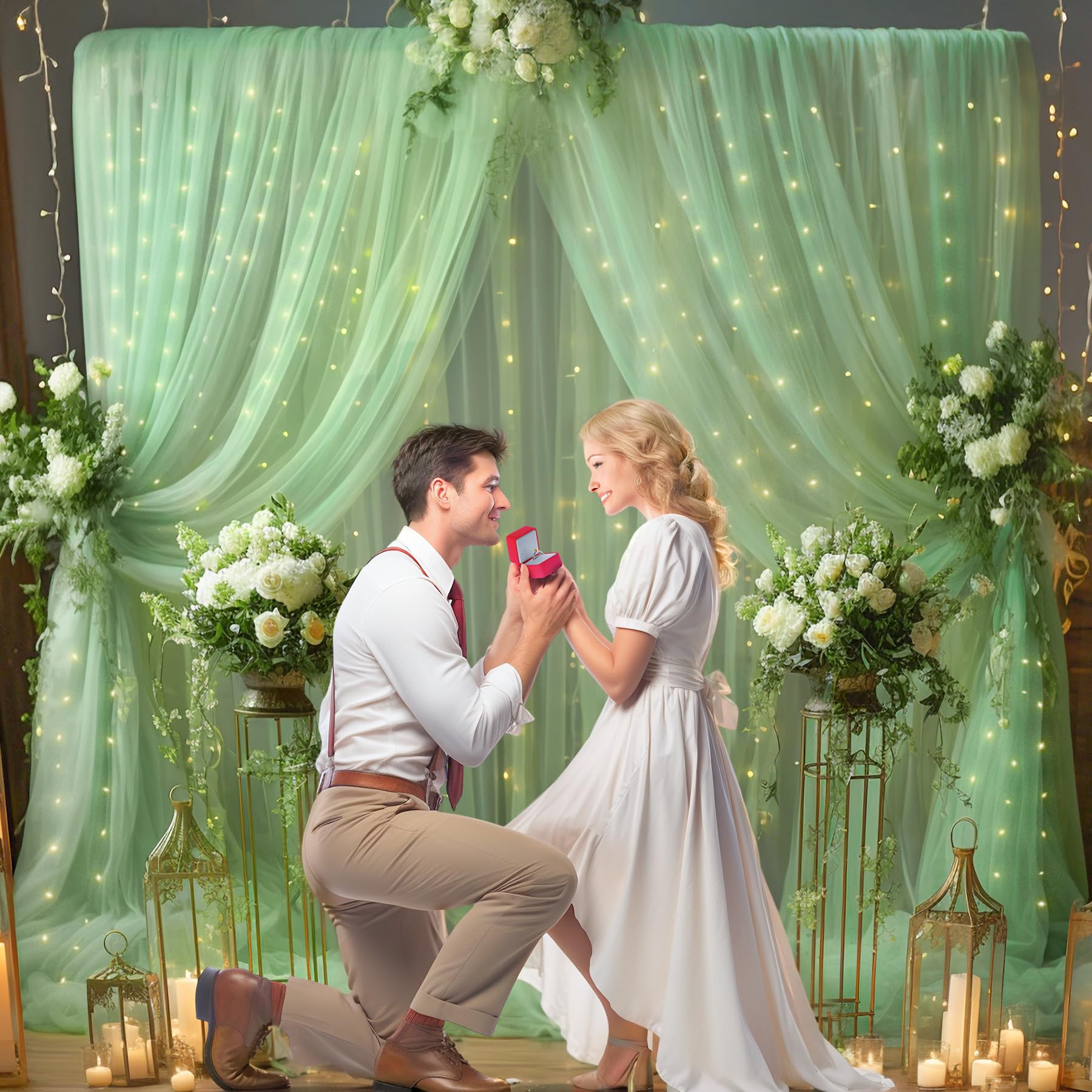 10X10Ft Olive Green Tulle Backdrop Curtain With Lights String For Parites, Sheer Backdrop Curtains For Wedding Baby Shower Birth