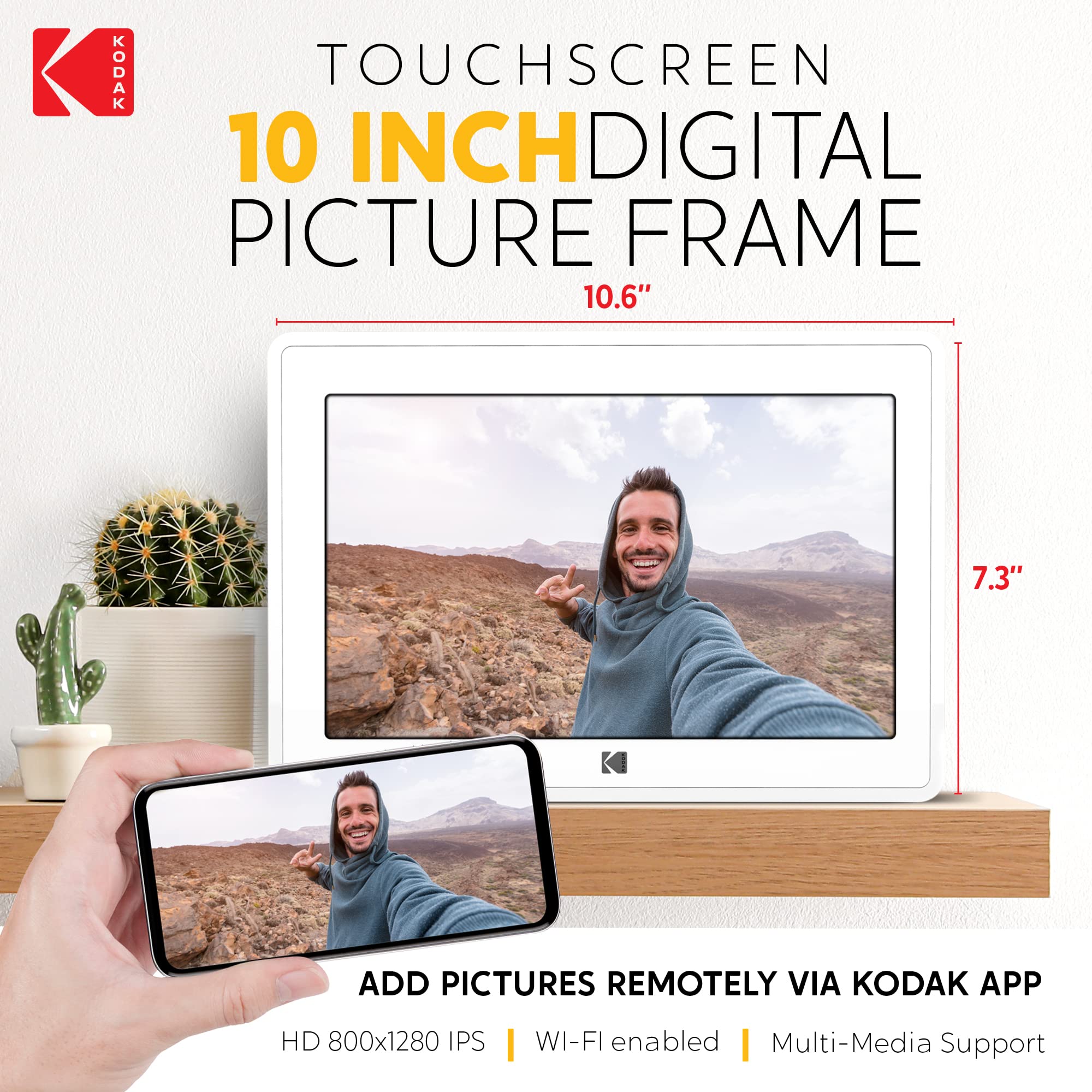 Kodak 10-Inch Touch Screen Digital Picture Frame, Wi-Fi Enabled With 16Gb Of Internal Memory, Hd Photo Display And Music/Video S