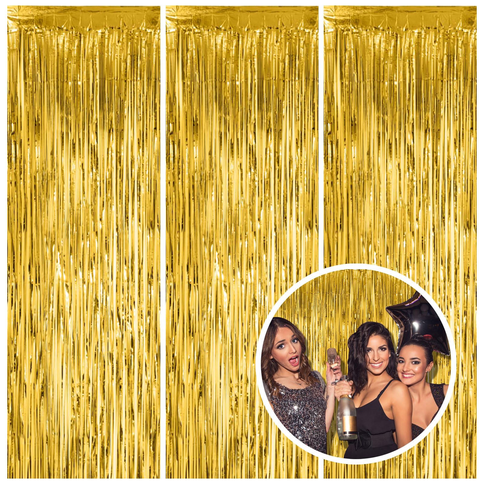 3 Pack Gold Fringe Backdrop Curtain Tinsel Party Streamers Birthday Party Decorations New Year Photo Booth Backdrop Halloween Ch