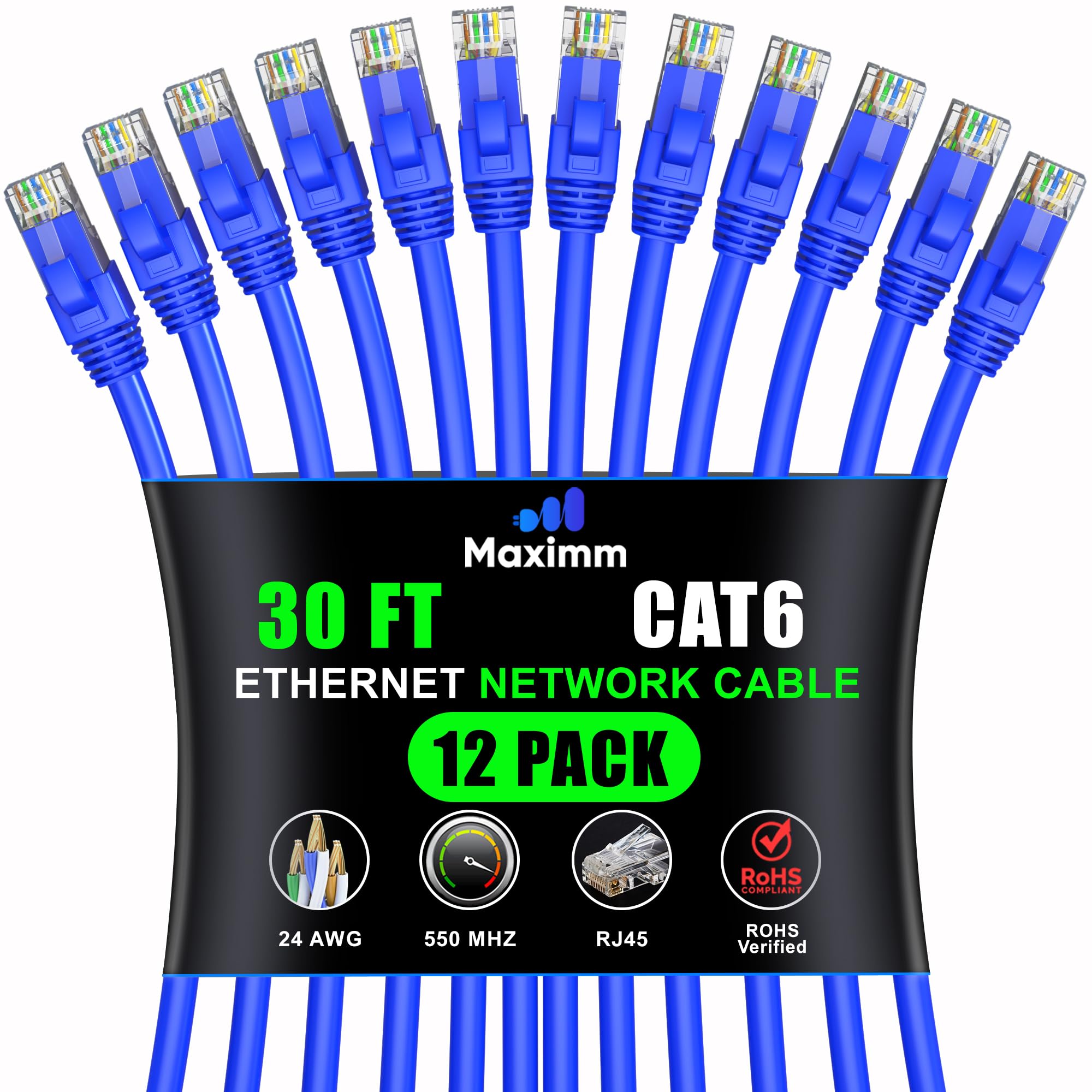 Maximm Cat 6 Ethernet Cable 30 Ft, (12-Pack) LAN, Internet, Patch and Network Cable - UTP (Blue) 30 Feet (C6C-30BL12PK)