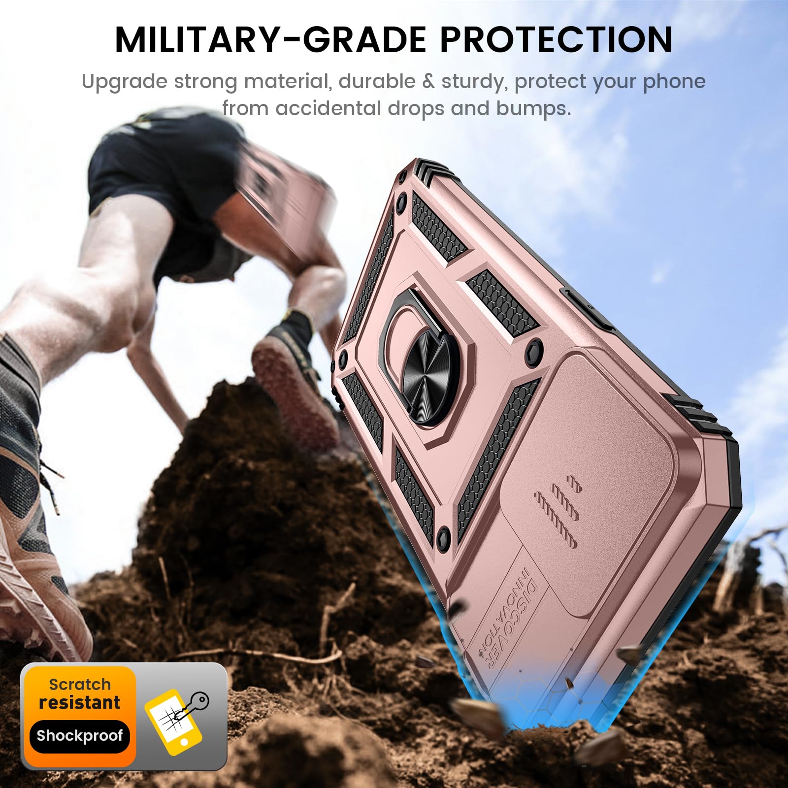 Goton For Iphone 15 Pro Max Case With Screen Protector   Slide Camera Cover Protective Phone Case With Ring Stand, Heavy Duty Sh