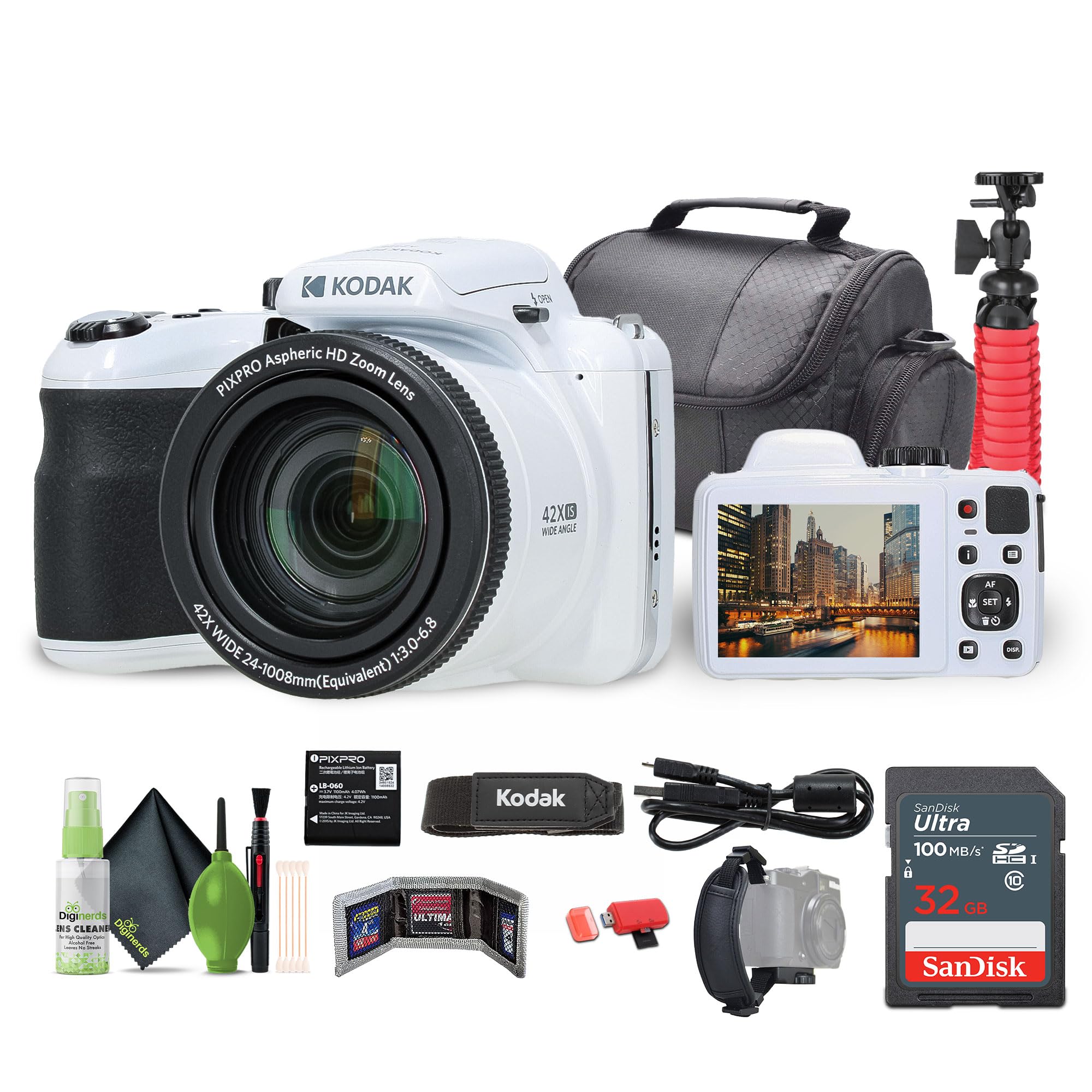 Kodak PIXPRO AZ425 20MP Vlogging Digital Camera (White) 42X Optical Zoom, 24mm Wide Angle Lens Bundle with 32GB Memory Card + Vl