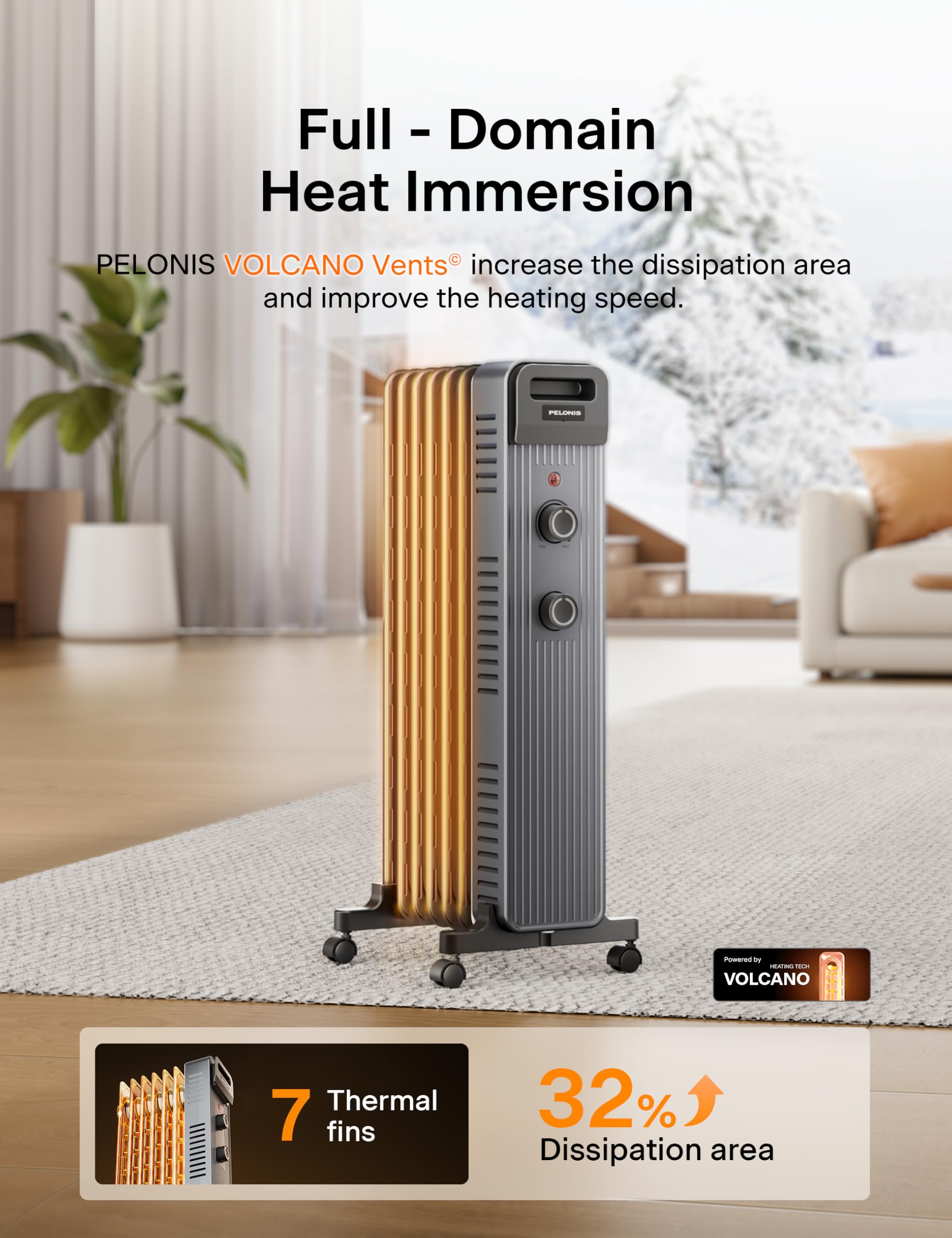 Pelonis Oil Filled Radiator Heater, 1500W Quiet Warmth Radiant Heater, 3 Heating Modes, Overheat & Tip-Over Protection, Adjustab