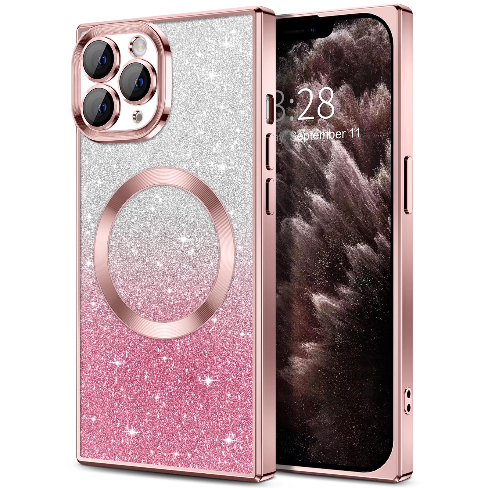 Hython For Iphone 11 Pro Max Case Clear Magnetic Glitter Phone Cases [Compatible With Magsafe] Full Camera Lens Protector Gradie