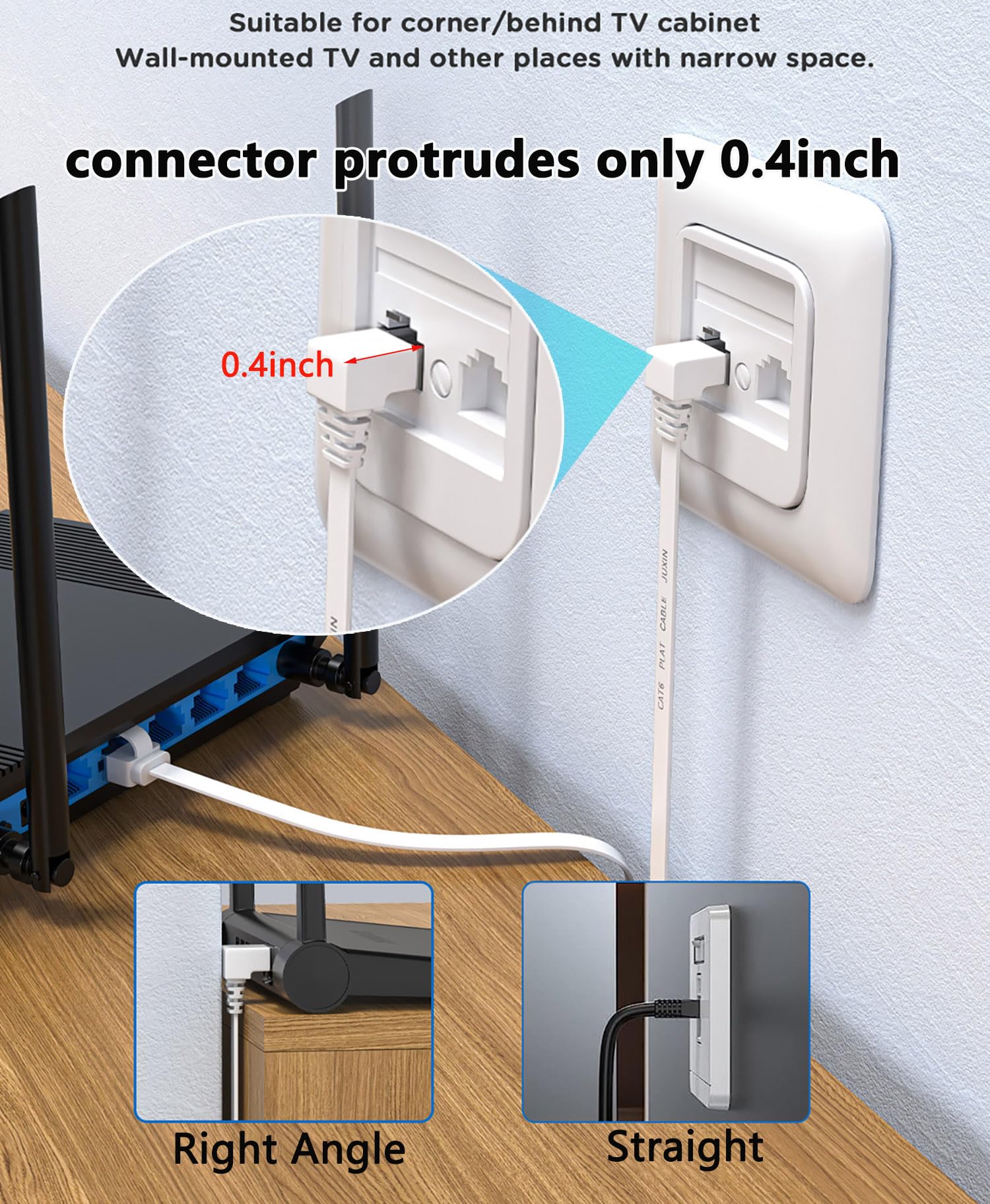 Juxinice 90 Degree Cat 6 Ethernet Cable Flat 1.5Ft, 2 Packs Right Angle Down Angle Cat6 Internet Network Cable  Ethernet Patch Cable Short   Computer Lan Cable  White