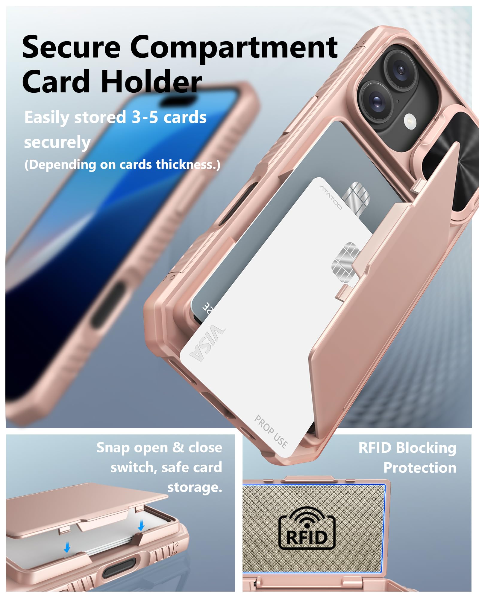 Atatoo For Iphone 16 Case Wallet, Built In Card Holder (Store 3 5 Cards) & Slide Lens Cover, Military Grade Protection, Shockpro