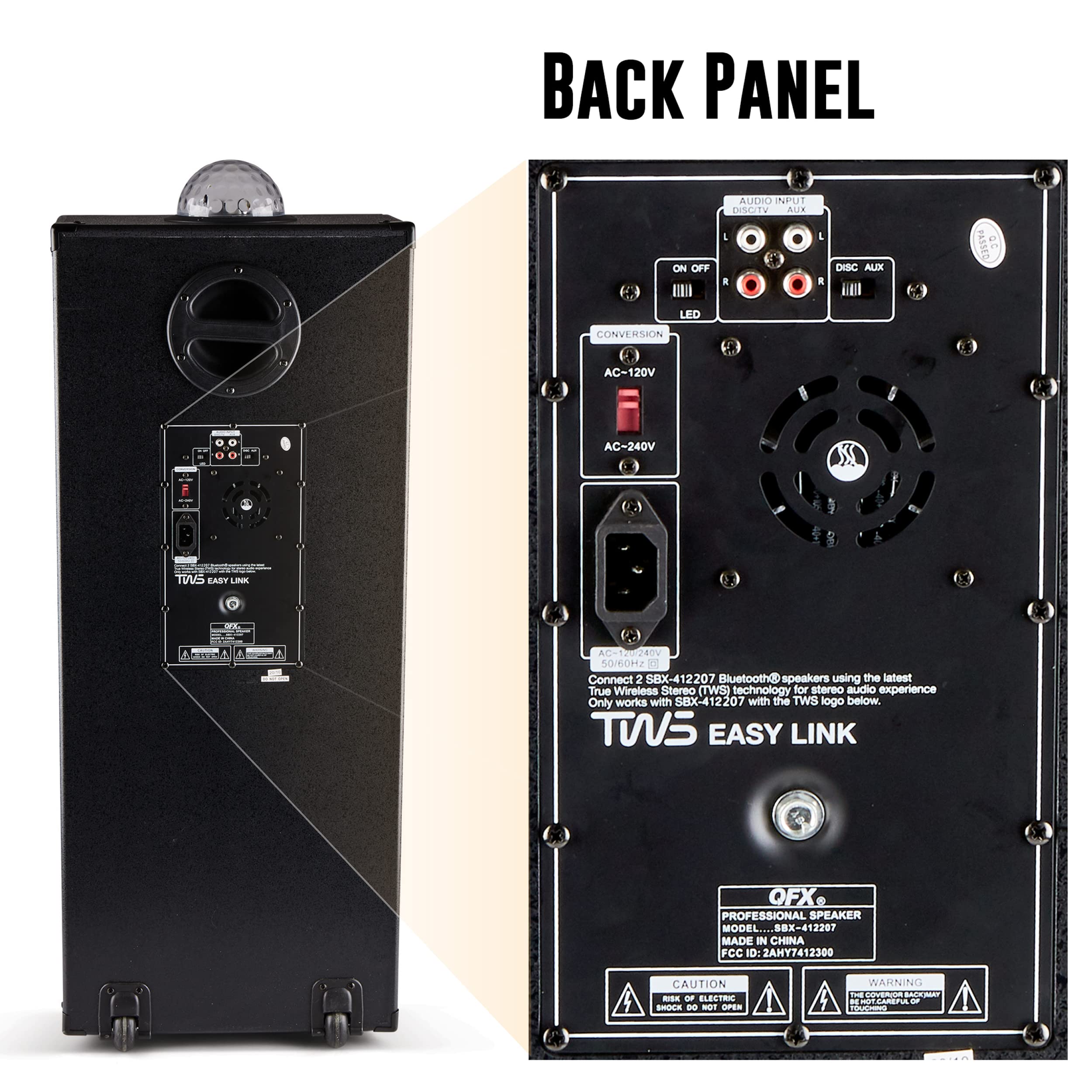 Qfx Sbx 412207Bt Tws Bluetooth Cabinet Speaker With Dual 12' Woofers, Led Party Lights, Fm Radio, Usb/Tf Card Ports, Aux Input, Blue