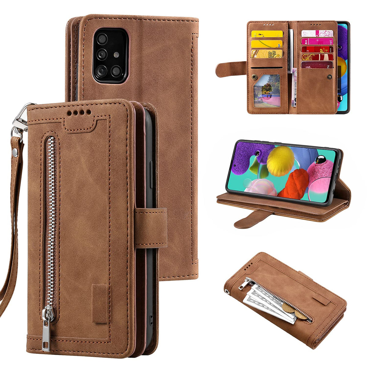 Ueebai Wallet Case For Samsung Galaxy A52 4G/5G A52S 5G, Retro 9 Card Holder Slots Zipper Pocket Handbag Case Pu Leather Magneti
