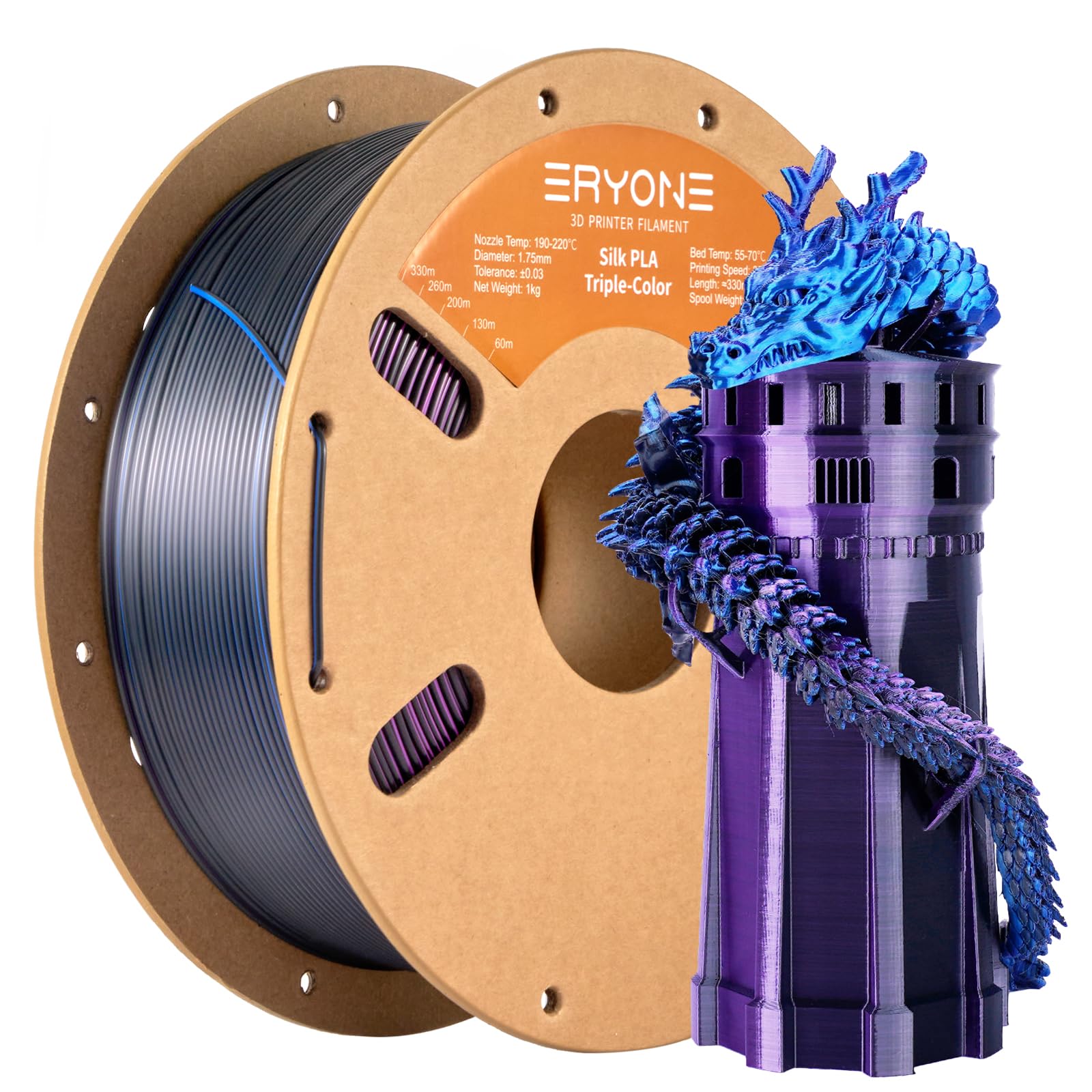 Eryone Silk Tri Color Coextrusion Pla Filament,3D Printer 1.75Mm,+/ 0.03Mm, Triple Color Filament 1Kg(2.2Lbs), Silk Blue Purple