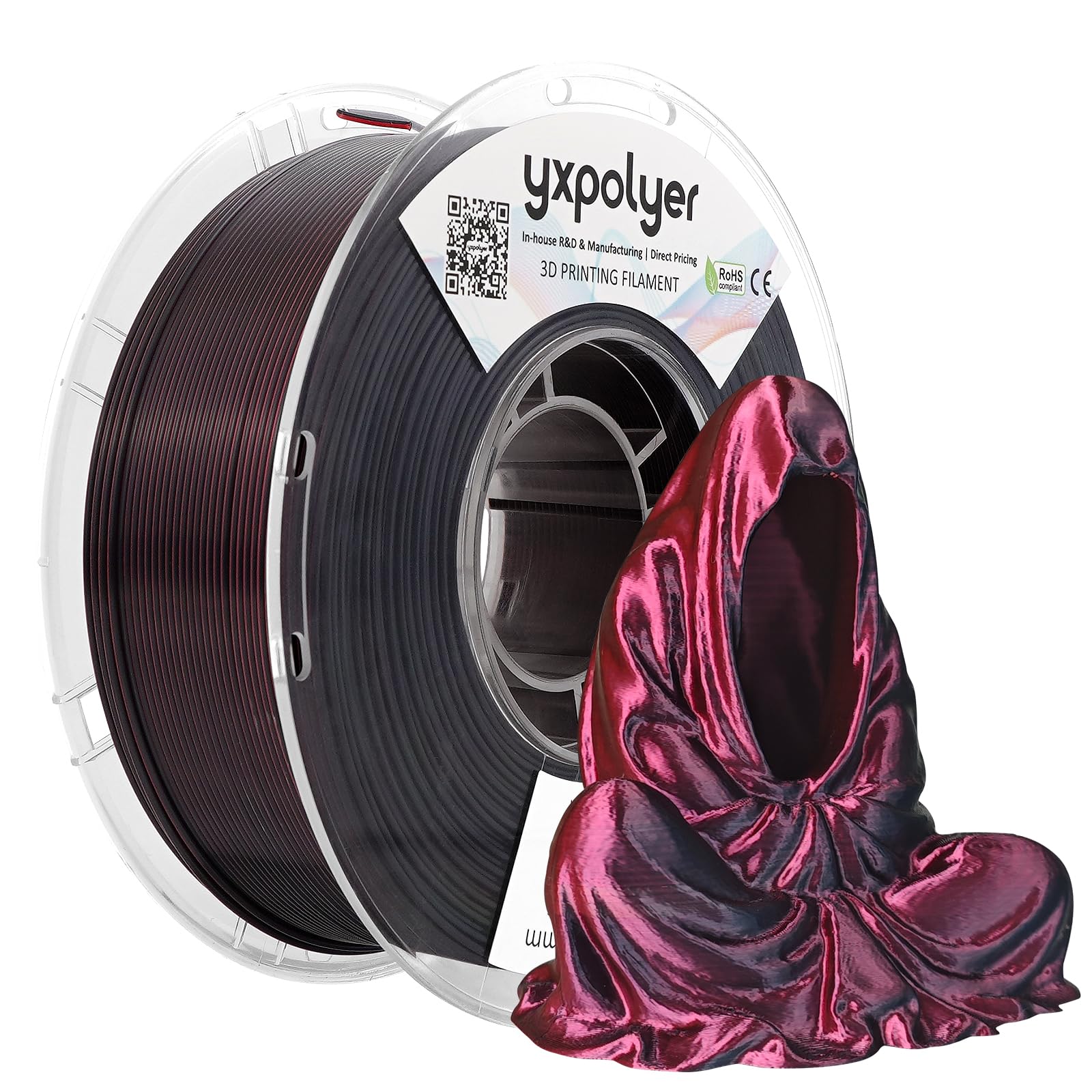 Yxpolyer Pla Filament Premium 2-Color Silk Pla 3D Printer Filament 1.75Mm 1Kg, Dual Color Black And Red Two-Tone Effect