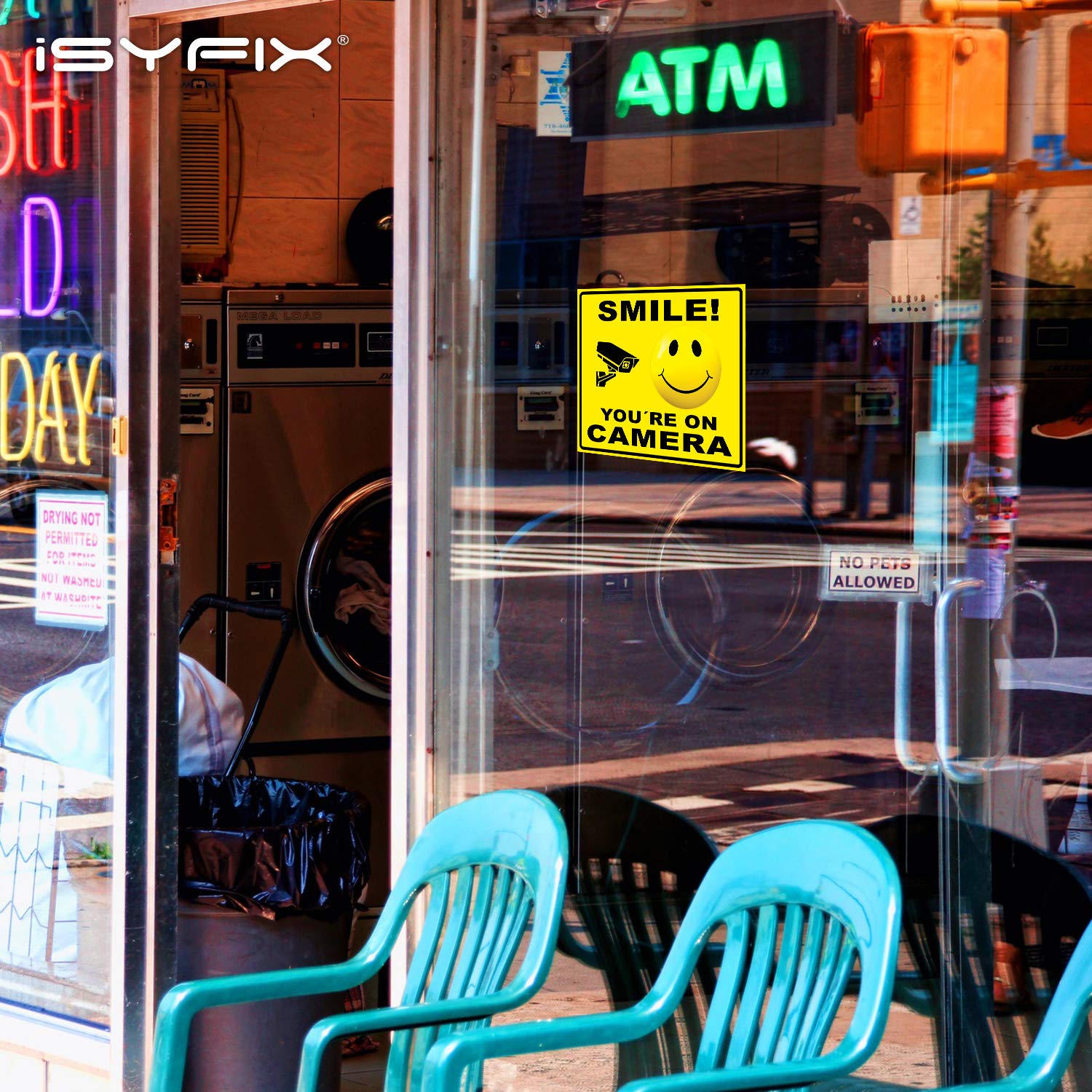 Isyfix Smile You'Re On Camera Stickers For Business   4 Pack 7X6 Inch   Self Adhesive Vinyl Decal, Laminated For Ultimate Uv Pro