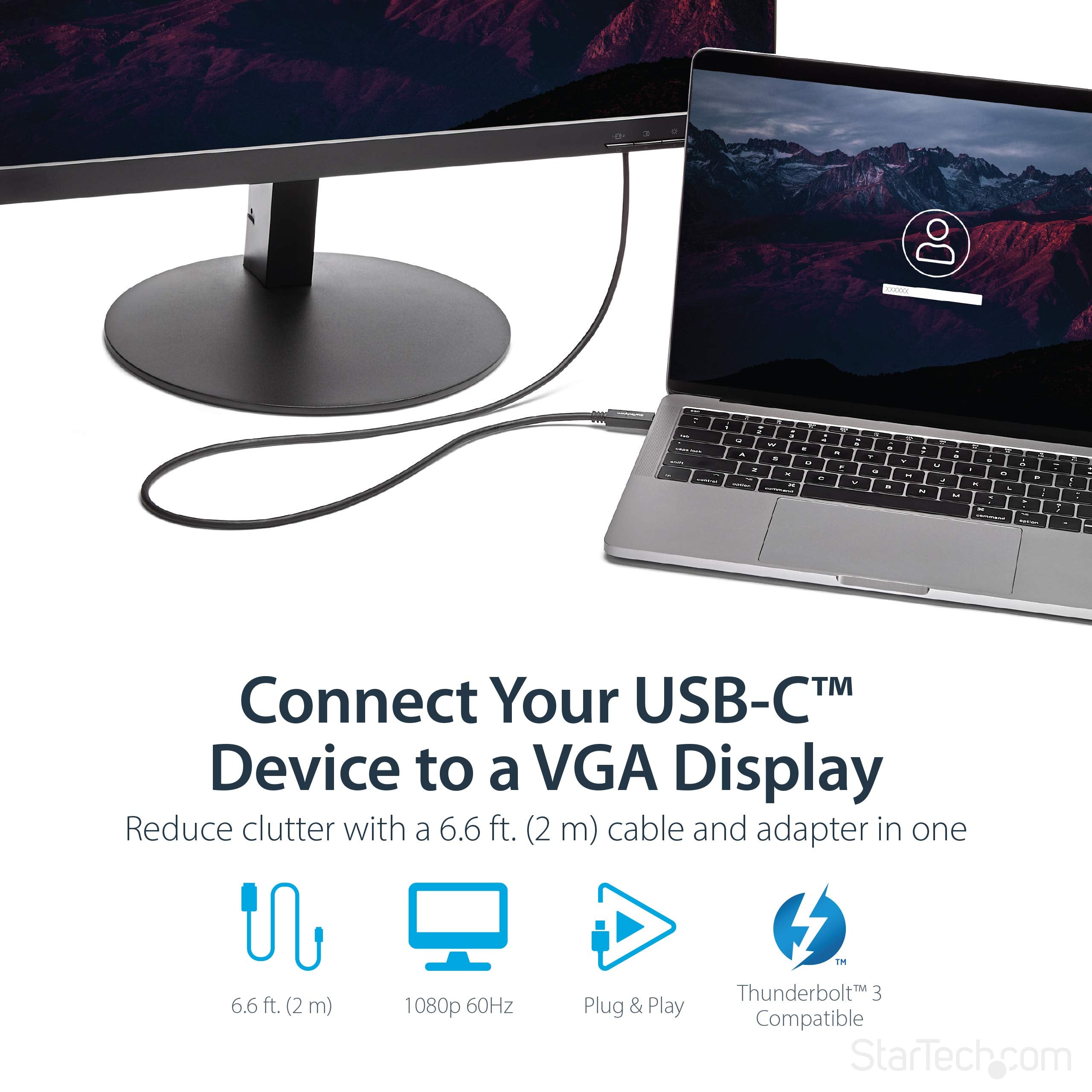 Startech.Com 6Ft/2M Usb C To Vga Cable   1920X1200/1080P Usb Type C To Vga Video Active Adapter Cable   Thunderbolt 3 Compatible