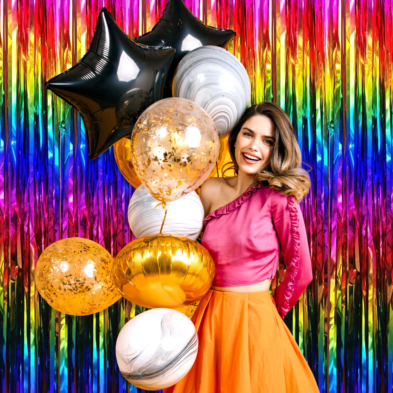 6 Pack Rainbow Foil Fringe Curtain Backdrop, 3.28Ft X 8.2Ft Metallic Tinsel Foil Fringe Streamer Curtains For Photo Booth, Chris