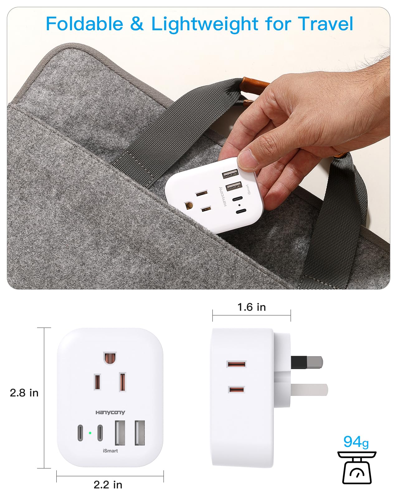 European Travel Plug Adapter, Foldable International Power Adapter, Type C Plug Adapter With 4 Outlets 4 Usb Ports (2 Usb C) For