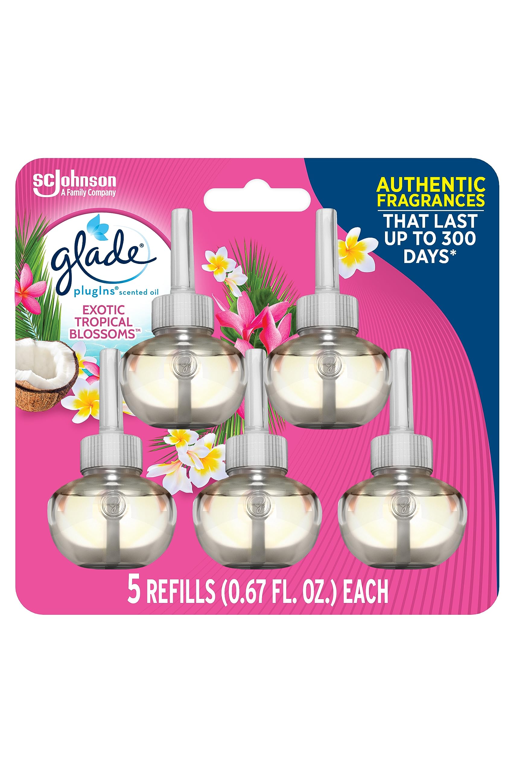 Glade Plugins Refills Air Freshener, Scented And Essential Oils For Home And Bathroom, Exotic Tropical Blossoms, 3.35 Fl Oz, 5 C
