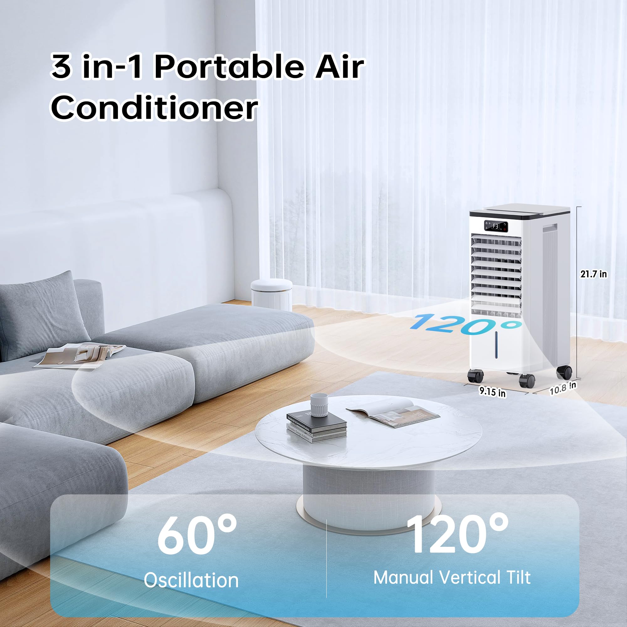 Feculs Portable Air Conditioners No Windows Needed, 3-In-1 Swamp Cooler, Evaporative Air Cooler, 4 Modes & 3 Speeds, 2-Gal Water