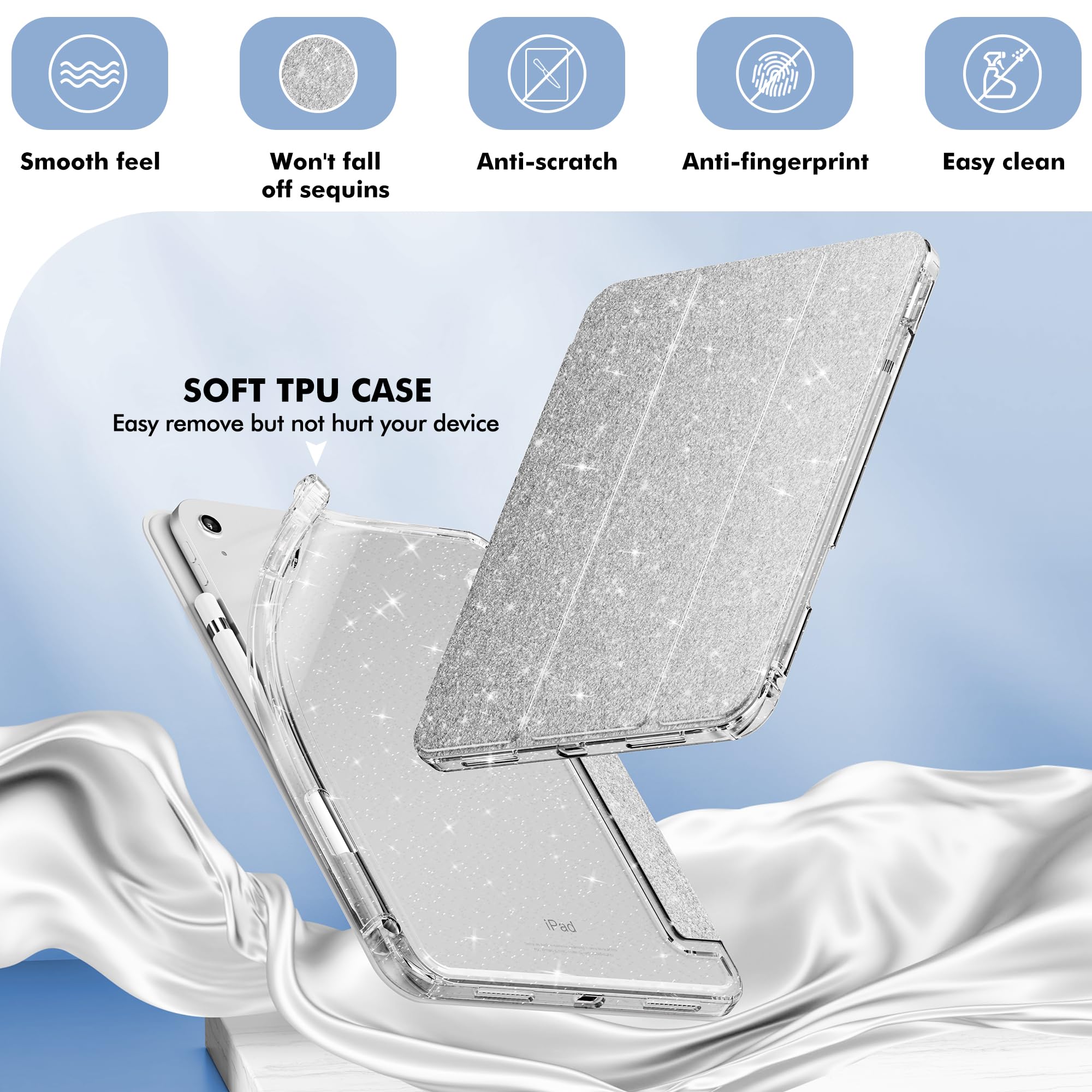 Infiland Compatible With Ipad 10Th Generation Case, Ipad Case 10Th Generation 10.9 Inch, Glitter Leather Cover With Sparkly Crystal Clear Back, Pencil Holder, Anti Yellowing, Silver