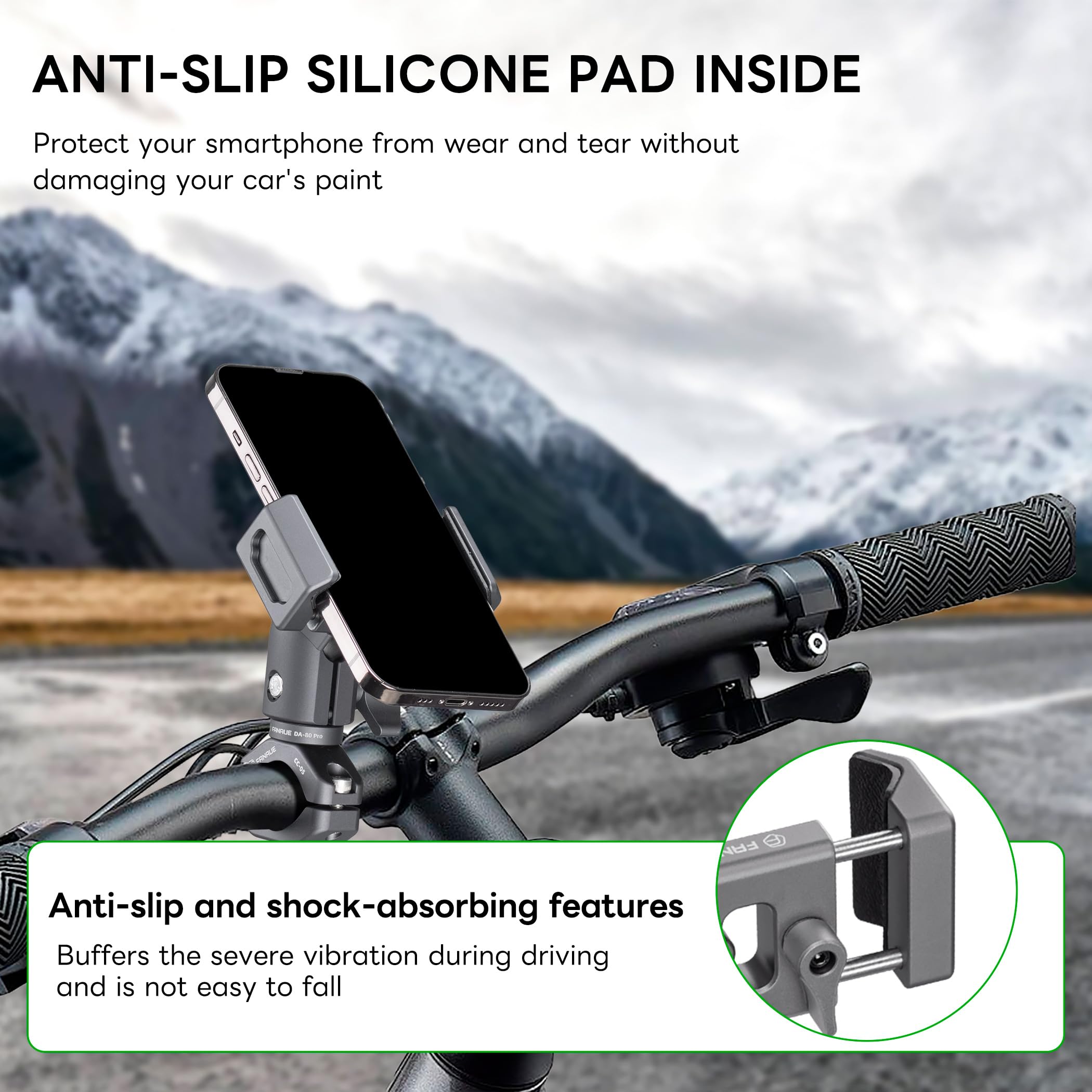 Fanaue Motorcycle Phone Holder With 1'' Ball Head Adapter, Aluminum Bike Scooter Phone Mount Handlebar Cell Phone Clamp Clip Com
