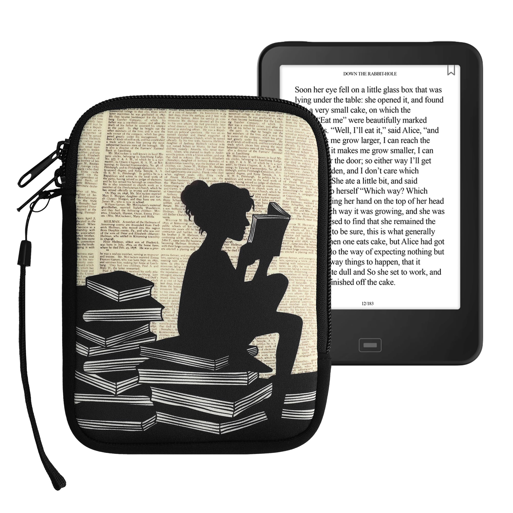 Kwmobile Neoprene E Reader Pouch Size 6'' Ereader   Universal Ebook Sleeve Case With Zipper, Wrist Strap   Black/Beige
