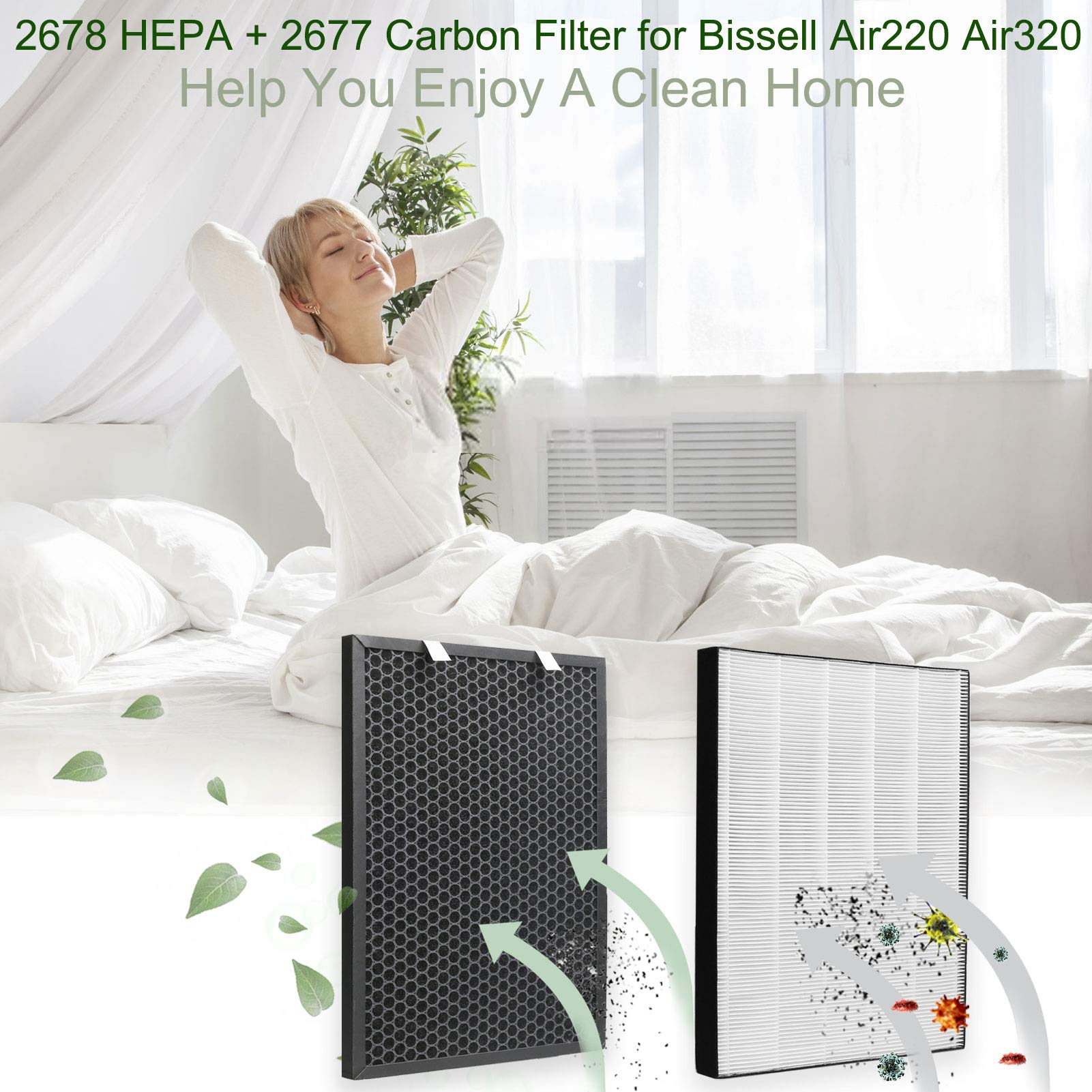 Ffsign 2678 Replacement High Efficiency Hepa Filter + 2677 Actived Carbon Filter For Bissell Air220 Air320, 1 True Hepa Pre Filt