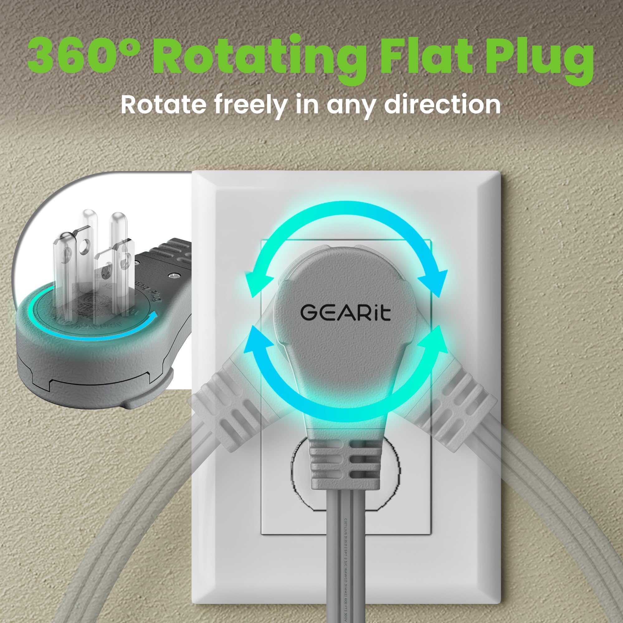 Gearit 360 Rotating Flat Plug Short Extension Cord With 3 Outlets (6Ft, Gray) 16Awg/13A 3 Prong Wire, Outlet Saver For Home Offi