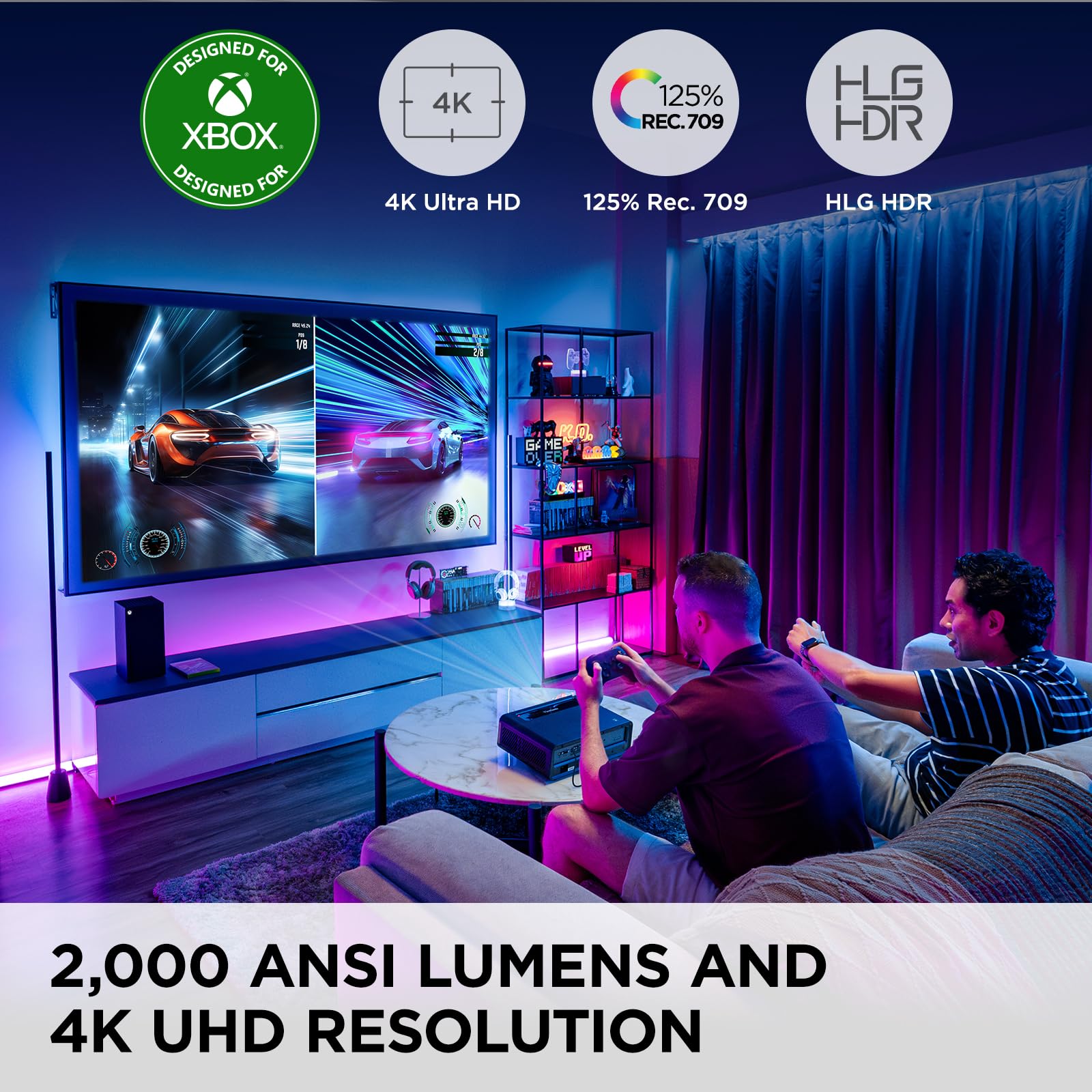 Viewsonic X2-4K Uhd Short Throw Projector Designed For Xbox With Cinematic Colors, 4.2Ms Response Time, 240 Hz Refresh Rate, 1.2