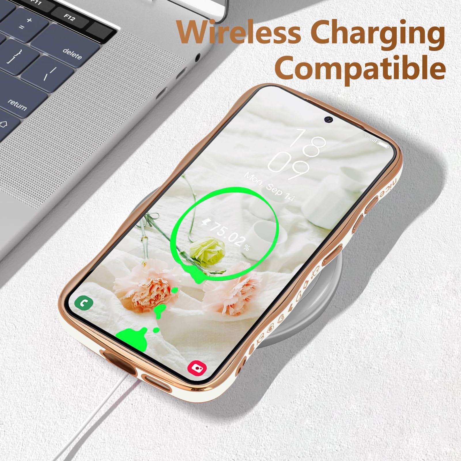 Lchulle For Samsung Galaxy S22 Plus Case For Women Girls, Cute Wave Frame Curly Shape With Love Heart Raised Camera Protection C