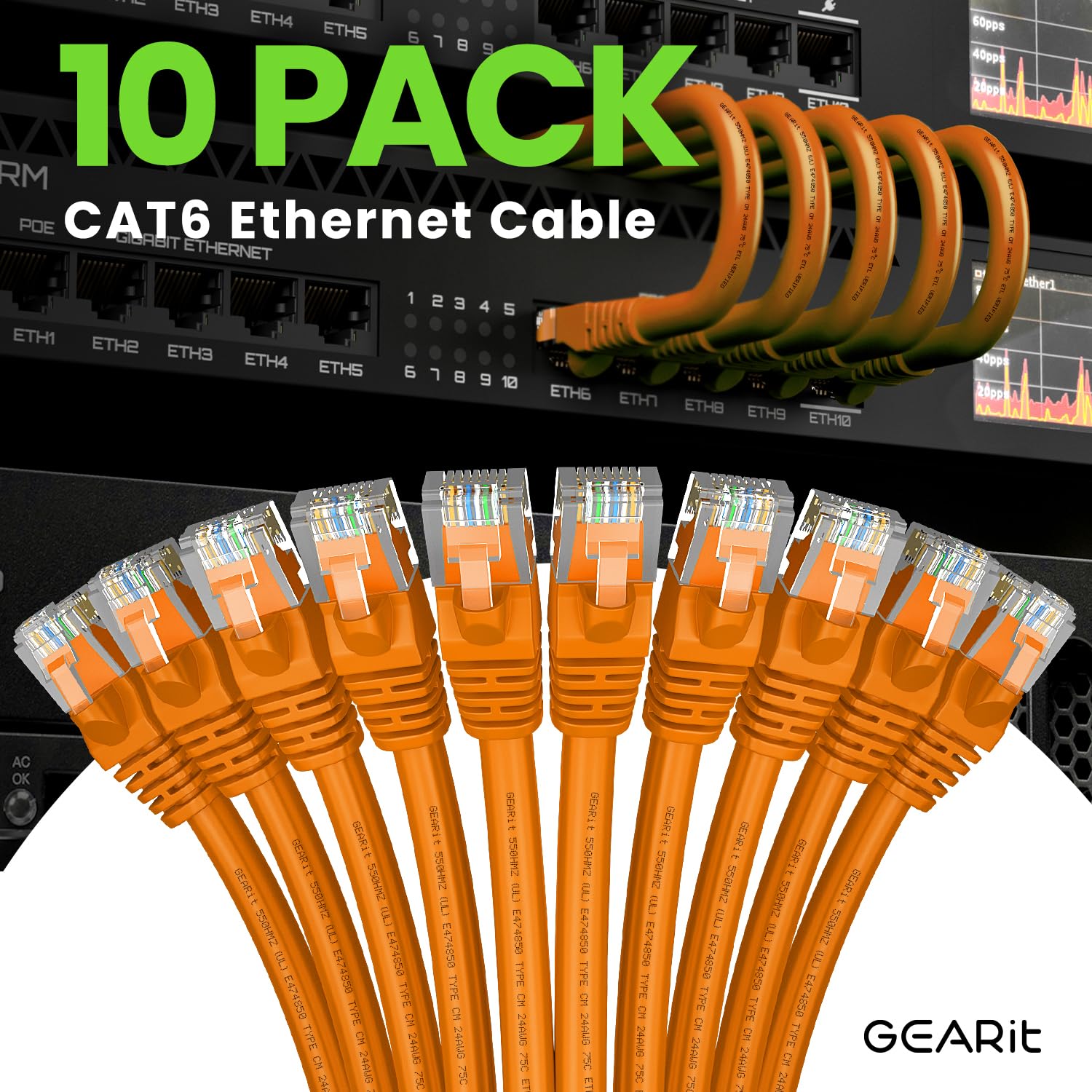 Gearit Cat 6 Ethernet Cable 10 Ft (10 Pack)   Cat6 Patch Cable, Cat 6 Patch Cable, Cat6 Cable, Cat 6 Cable, Cat6 Ethernet Cable,