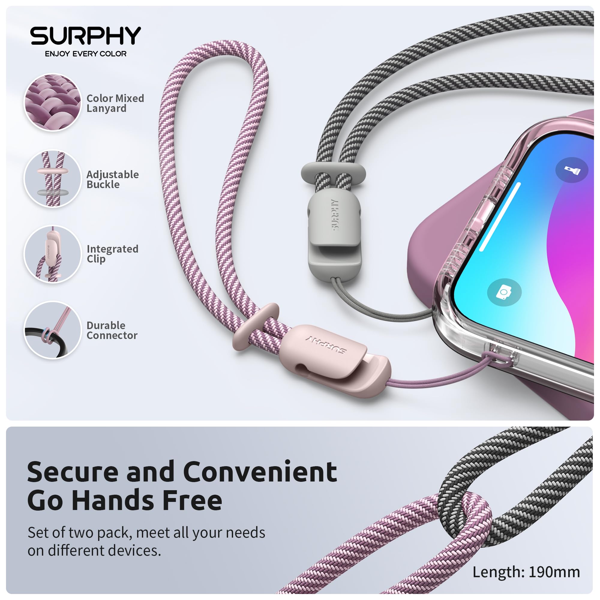 Surphy 2 Pack Lanyard, Phone Strap, Adjustable Phone Lanyard With Two Color Braided, Wrist Strap For Airpods, Camera (Pink & Gra