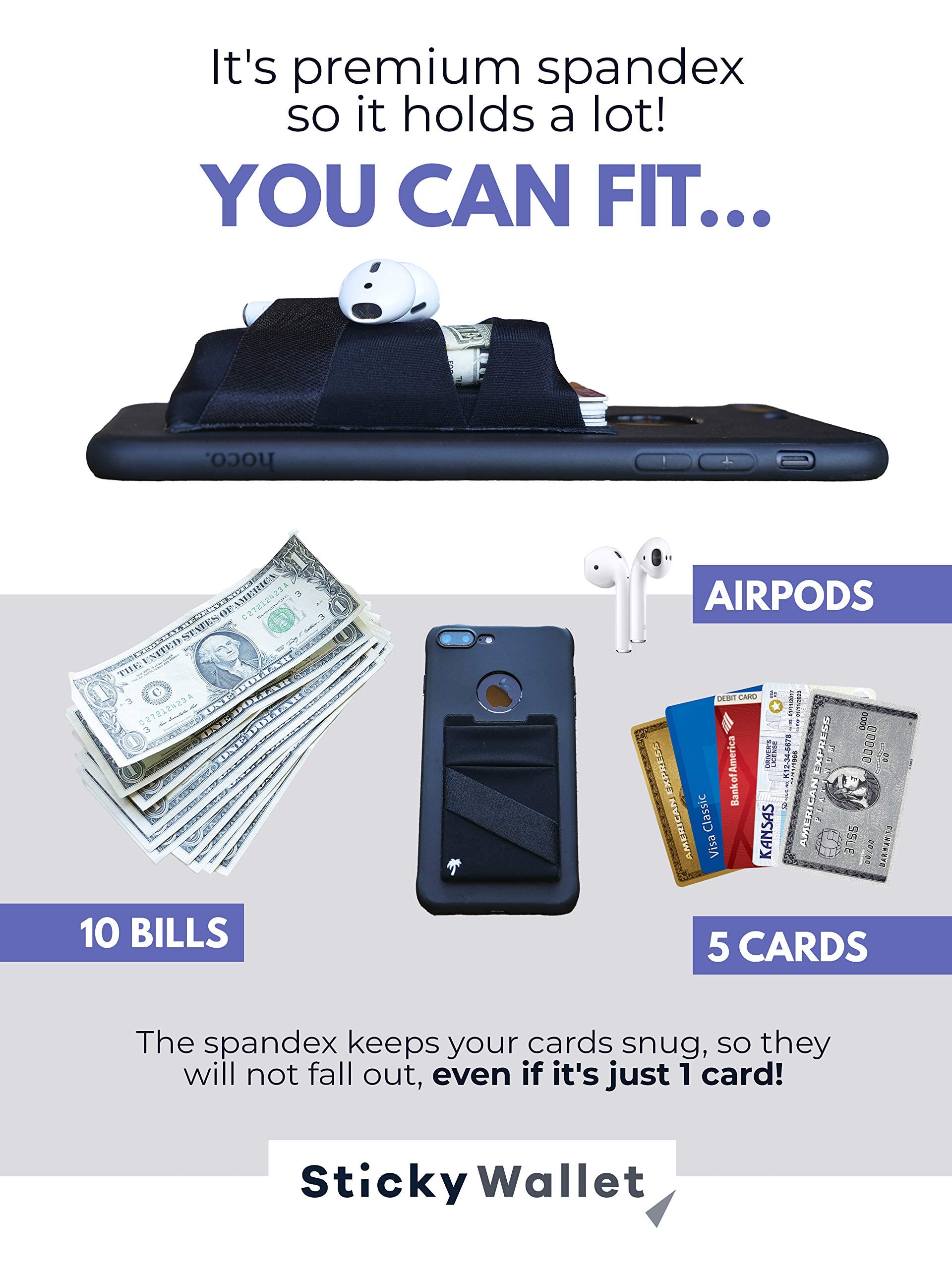 Lifestyle Designs The Stickywallet - Premium Spandex Stick-On Phone Wallet Card Holder For Any Case - Unique Double Pocket Desig