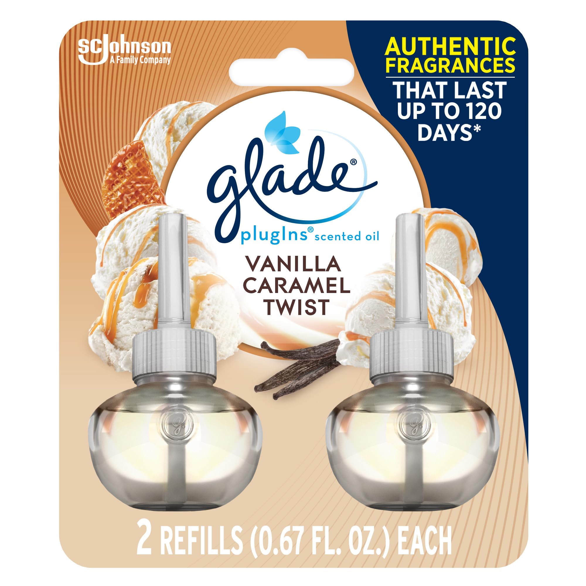 Glade Plugins Refills Air Freshener, Scented And Essential Oils For Home And Bathroom, Vanilla Caramel Twist, 1.34 Fl Oz, 2 Coun