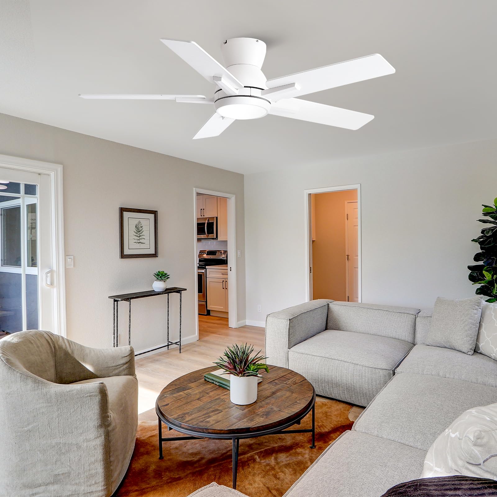 42 Inch Ceiling Fans With Lights,White Low Profile Ceiling Fan With Light And Remote Control,Flush Mount,6 Speed Reversible Dc M