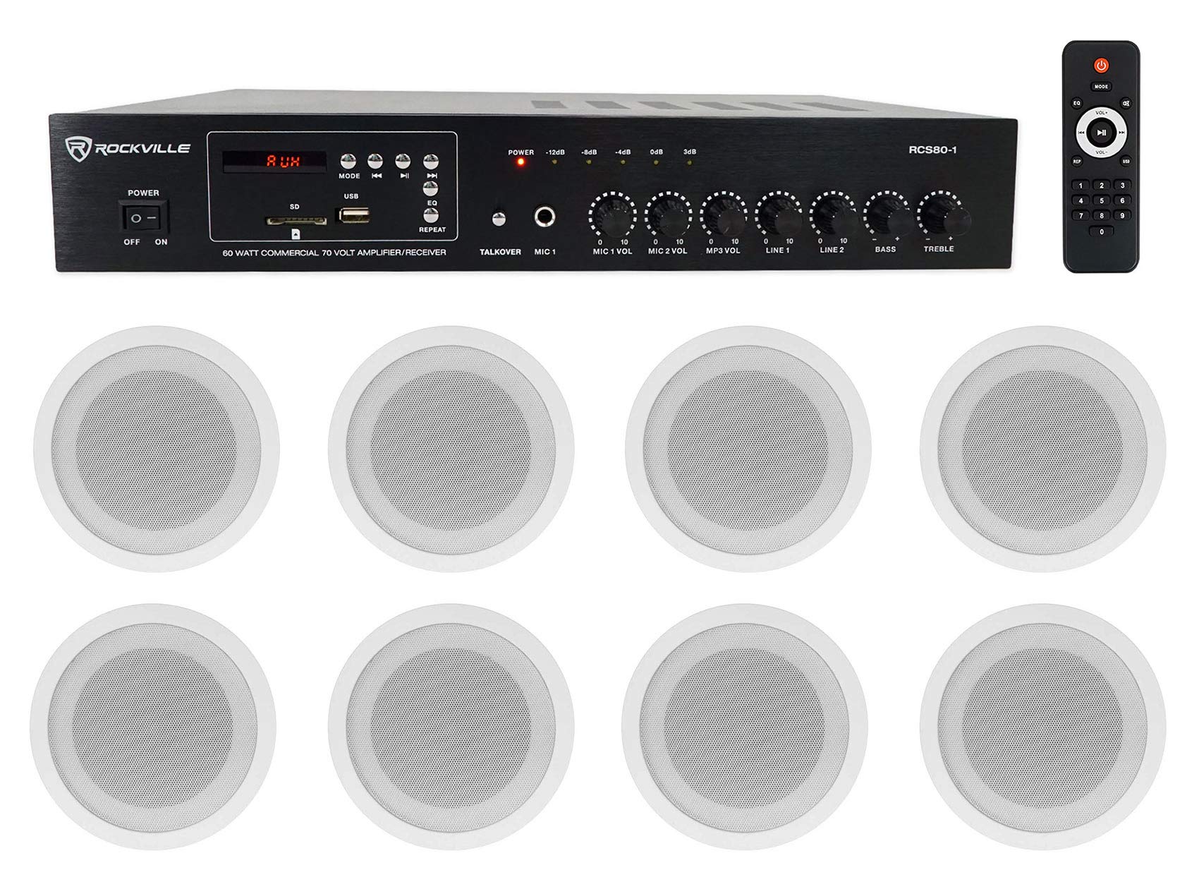 Rockville Commercial 70V Amp+(8) White 5'' Ceiling Speakers 4 Restaurant/Bar/Cafe