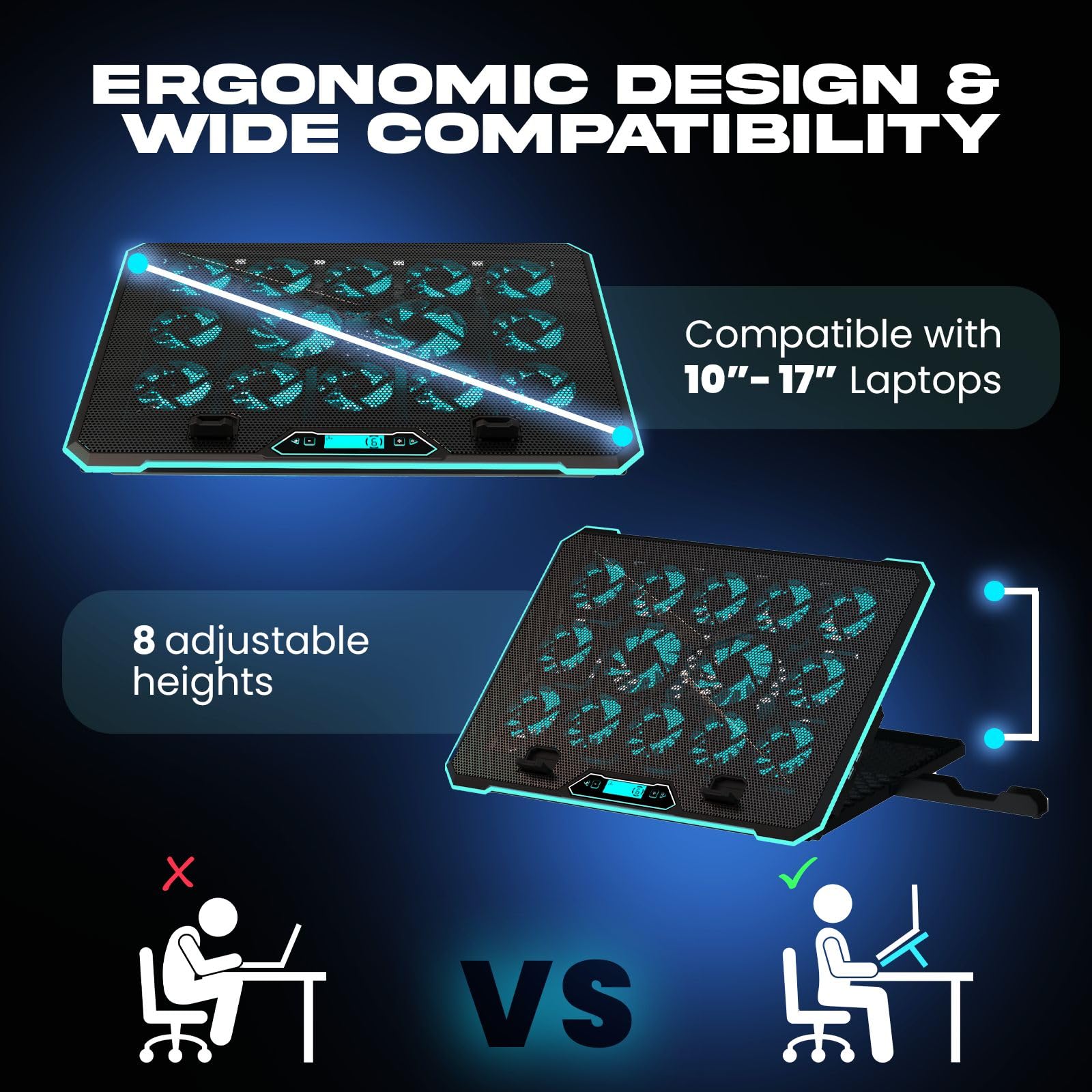 Klim V14 Gaming Laptop Cooling Pad, 14 Fans, Rgb, Compatible Up To 17 Inches, 2 Usb Ports, Mobile Phone Holder, 5 Years Protecti