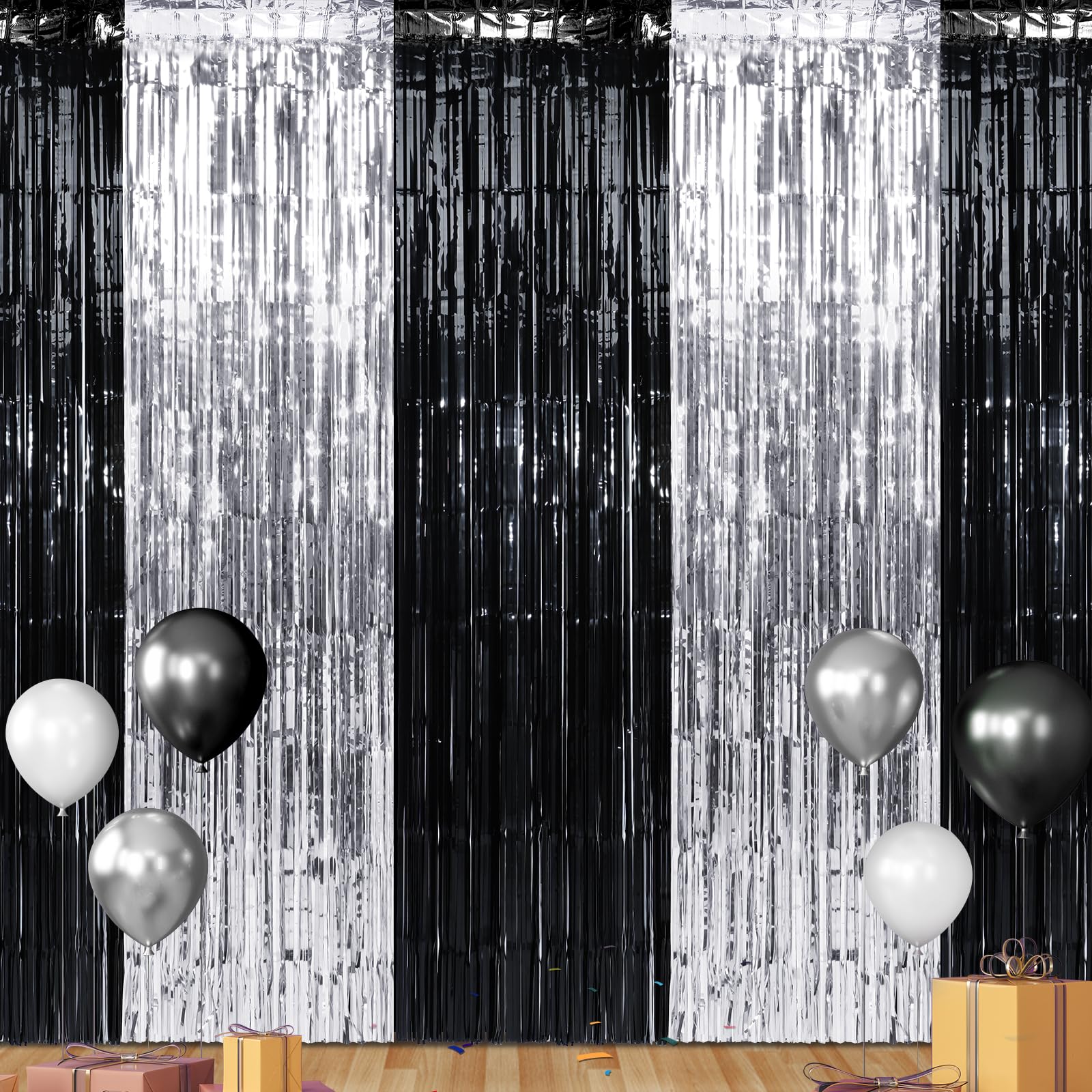 3 Pack 3.3Ft X 6.6Ft Graduation Foil Fringe Curtain Backdrop Decorations, Black Silver Metallic Tinsel Foil Streamers Curtain Ph