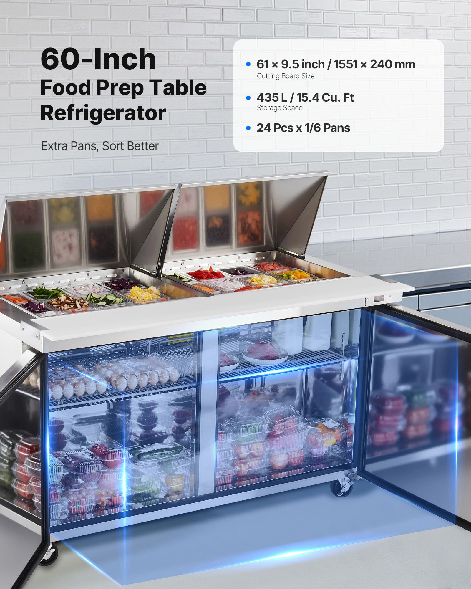 Vevor 60W Commercial Refrigerator, 15.4 Cu. Ft Sandwich Prep Refrigerated Table, Mega Top Food Prep Fridge With 24 Pans And Cutt