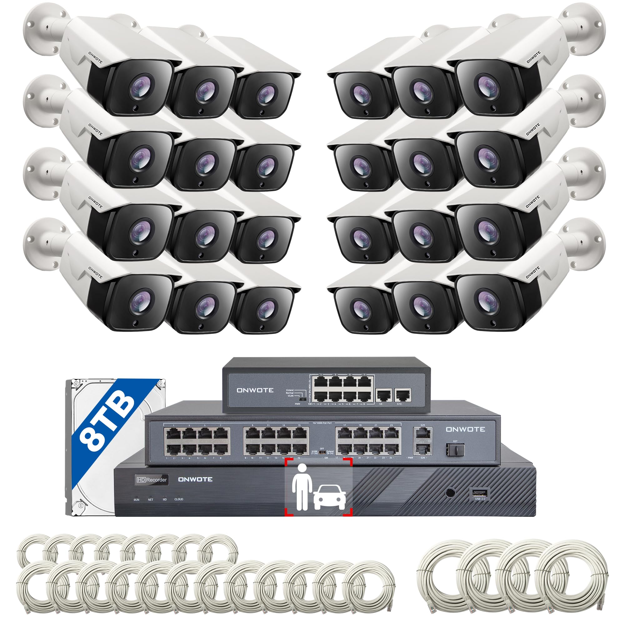 Onwote 32 Channel Security Camera System, 4K 32Ch Nvr 8Tb, 32 Ports Switch, 24X 6Mp Outdoor Audio Poe Ip Cameras, Ai Human Vehicle Detection, 24X Cables 2280Ft, Commercial Surveillance For Business