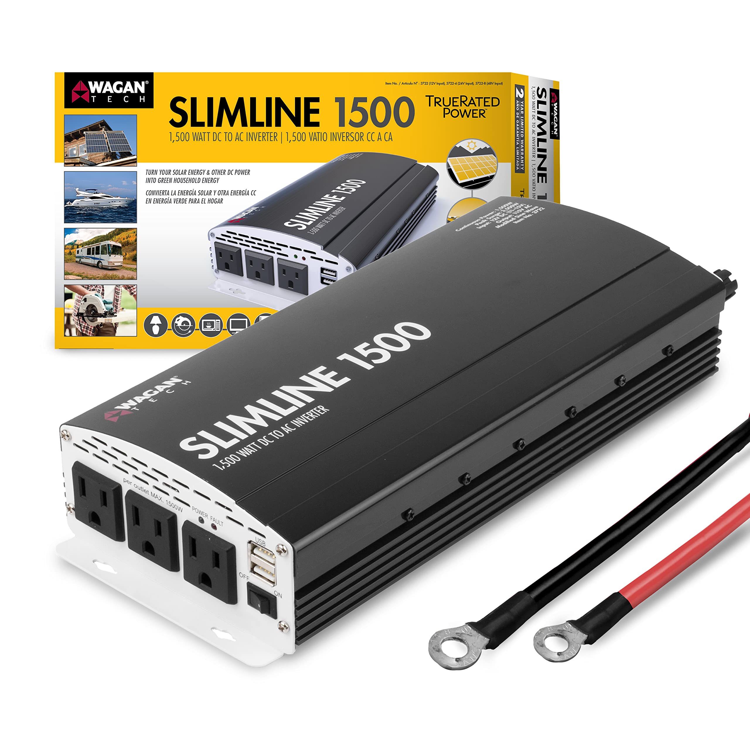 Wagan EL3722 1500W Slimline DC to AC Power Inverter 1500 Watt TrueRated Continuous 3500 Watt Surge Power DC 12V to AC 110V 3 AC 