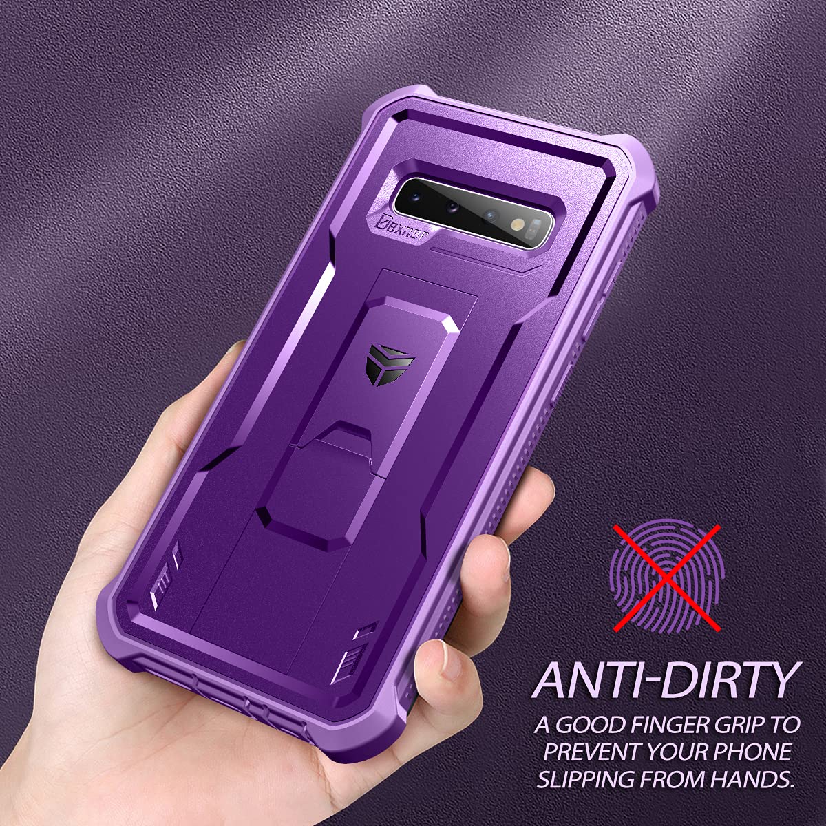 Dexnor Samsung Galaxy S10 Plus Case - Heavy Duty Military Grade Protection With Built-In Screen Protector & Kickstand - Purple
