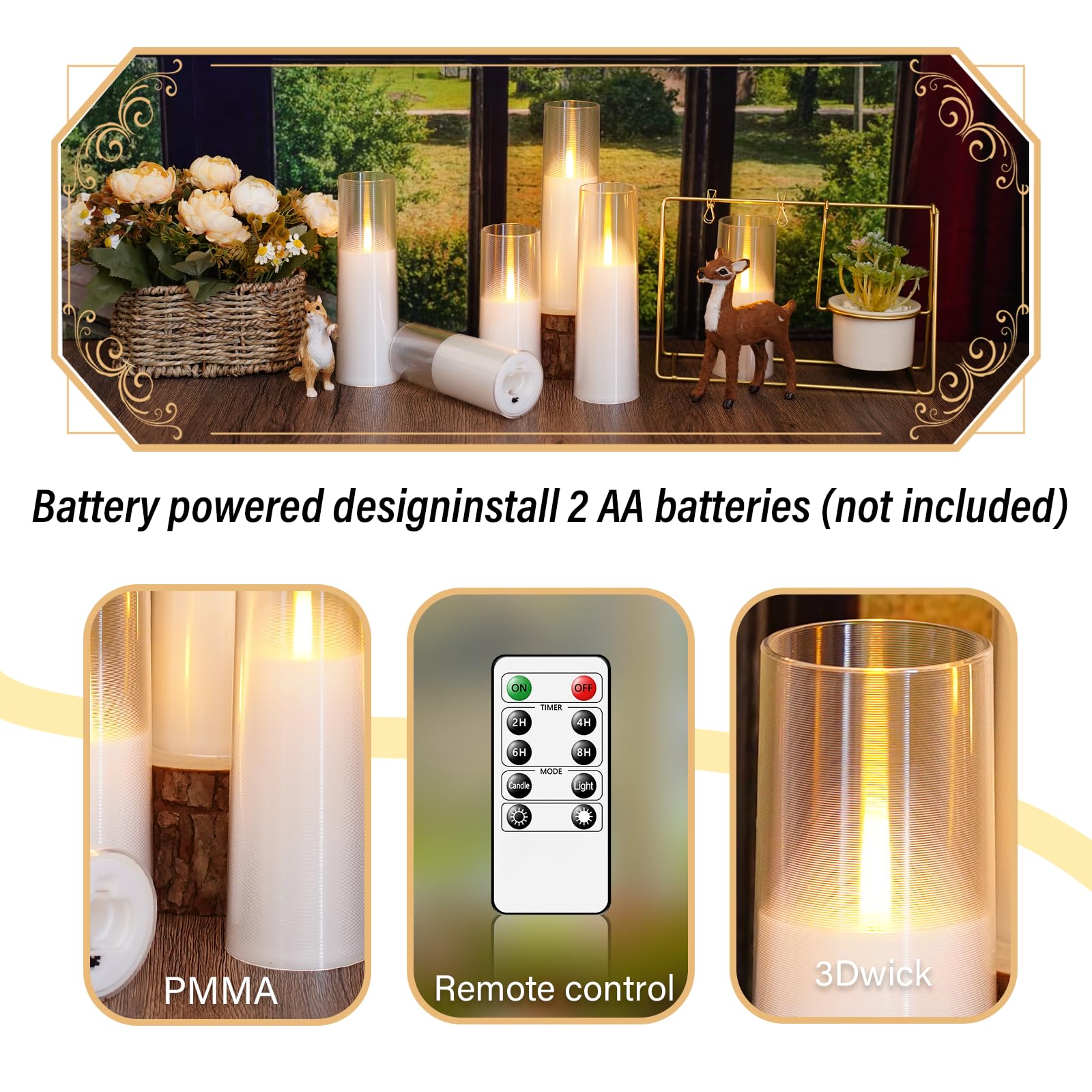Eebuss Flameless Candles,Battery Operated, Flameless Candles With Remote,Raster Texture Besign 2/4/6/8 Hour Timer, Flickering Fl